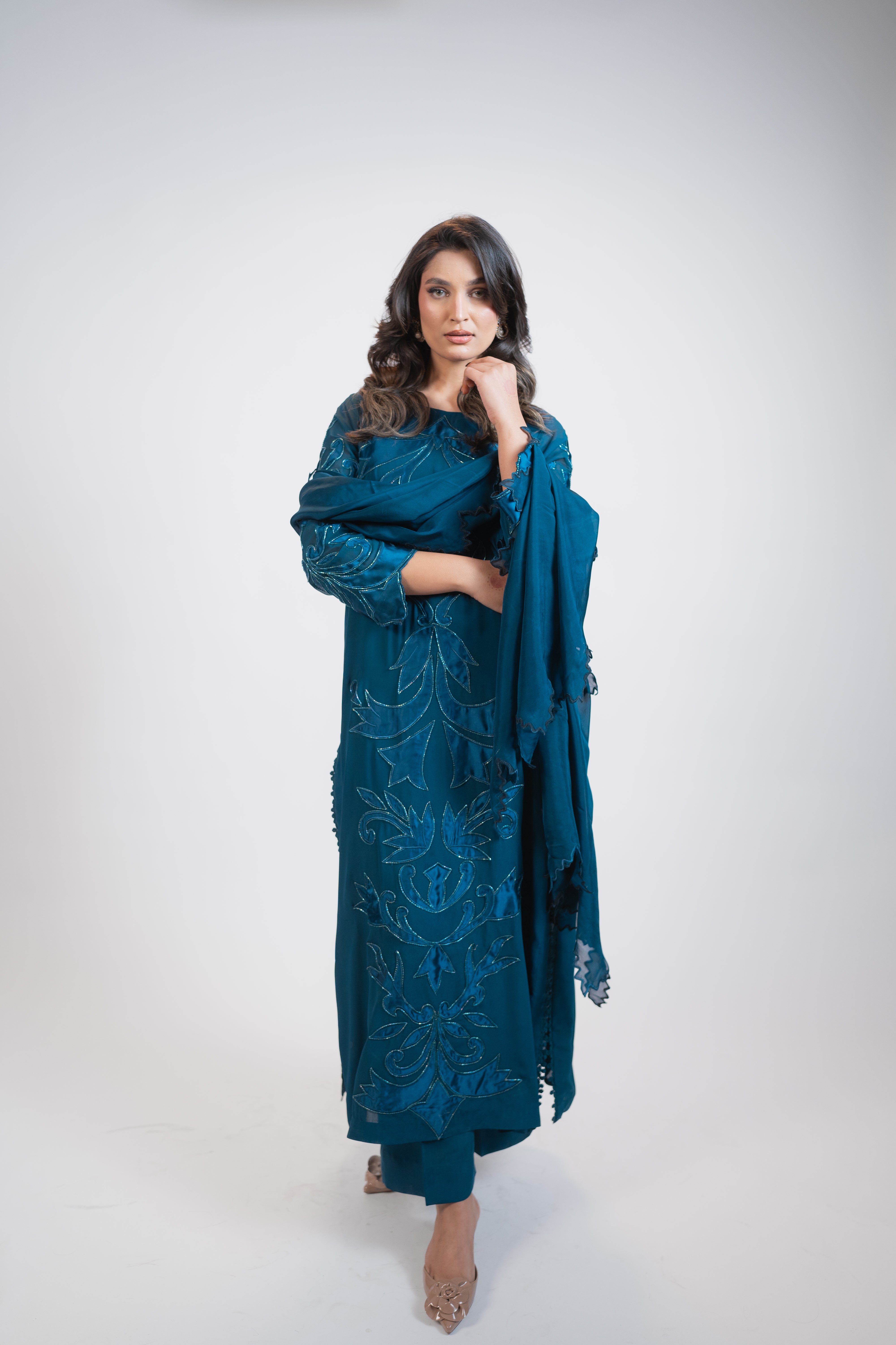 Teal Blue Georgette 3PC Dress with Silk Appliqué & Cut-Daana Work