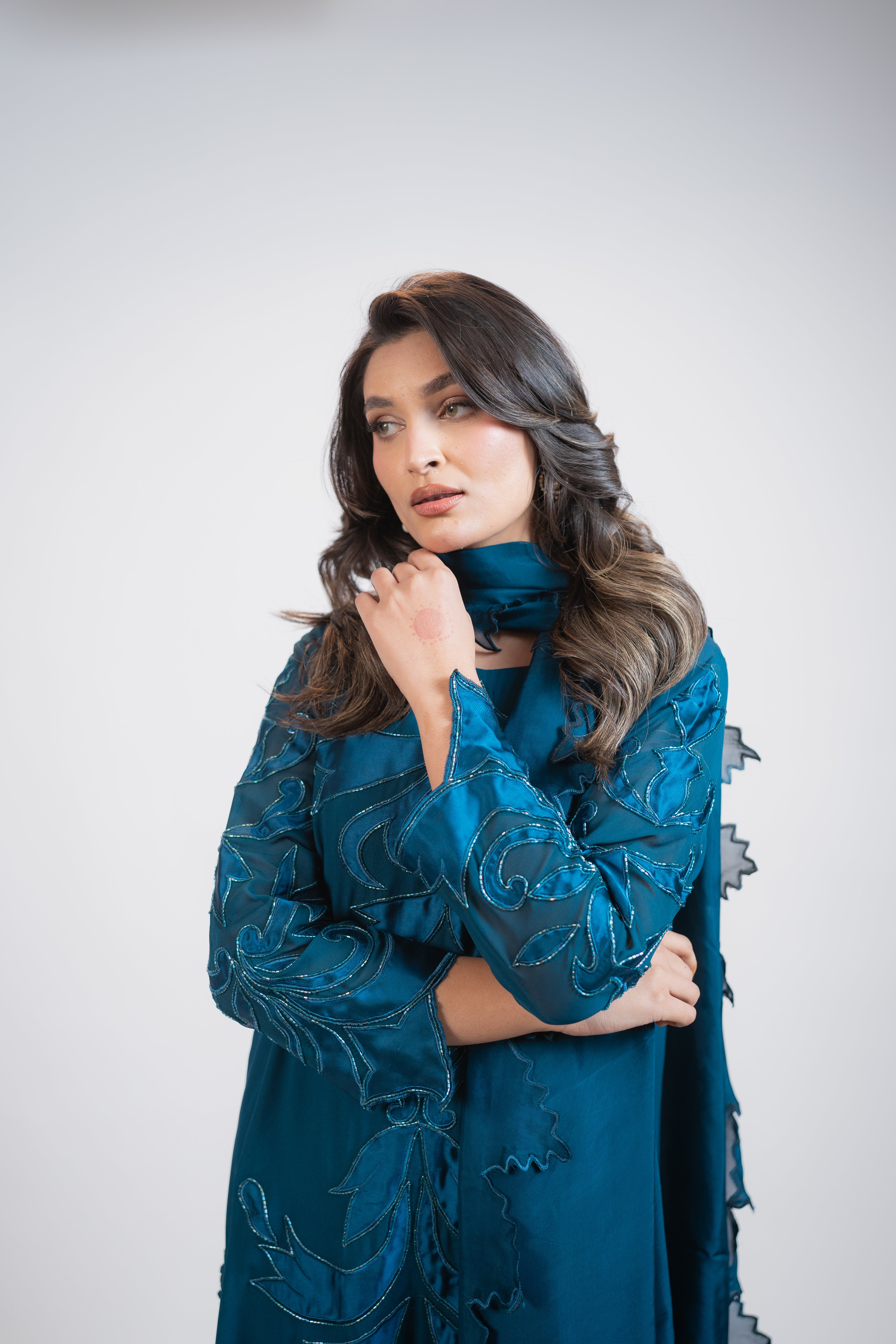 Teal Blue Georgette 3PC Dress with Silk Appliqué & Cut-Daana Work