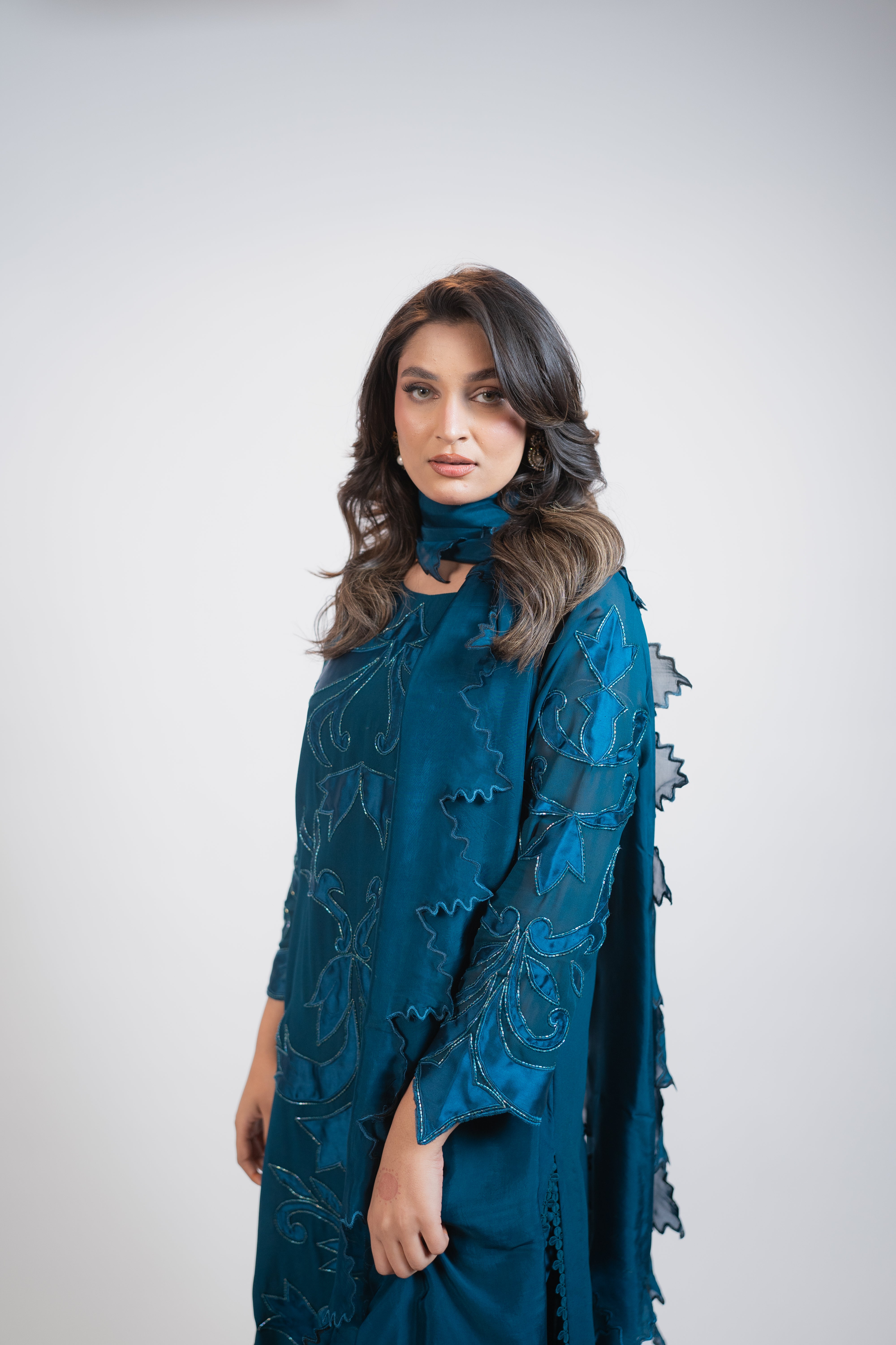 Teal Blue Georgette 3PC Dress with Silk Appliqué & Cut-Daana Work