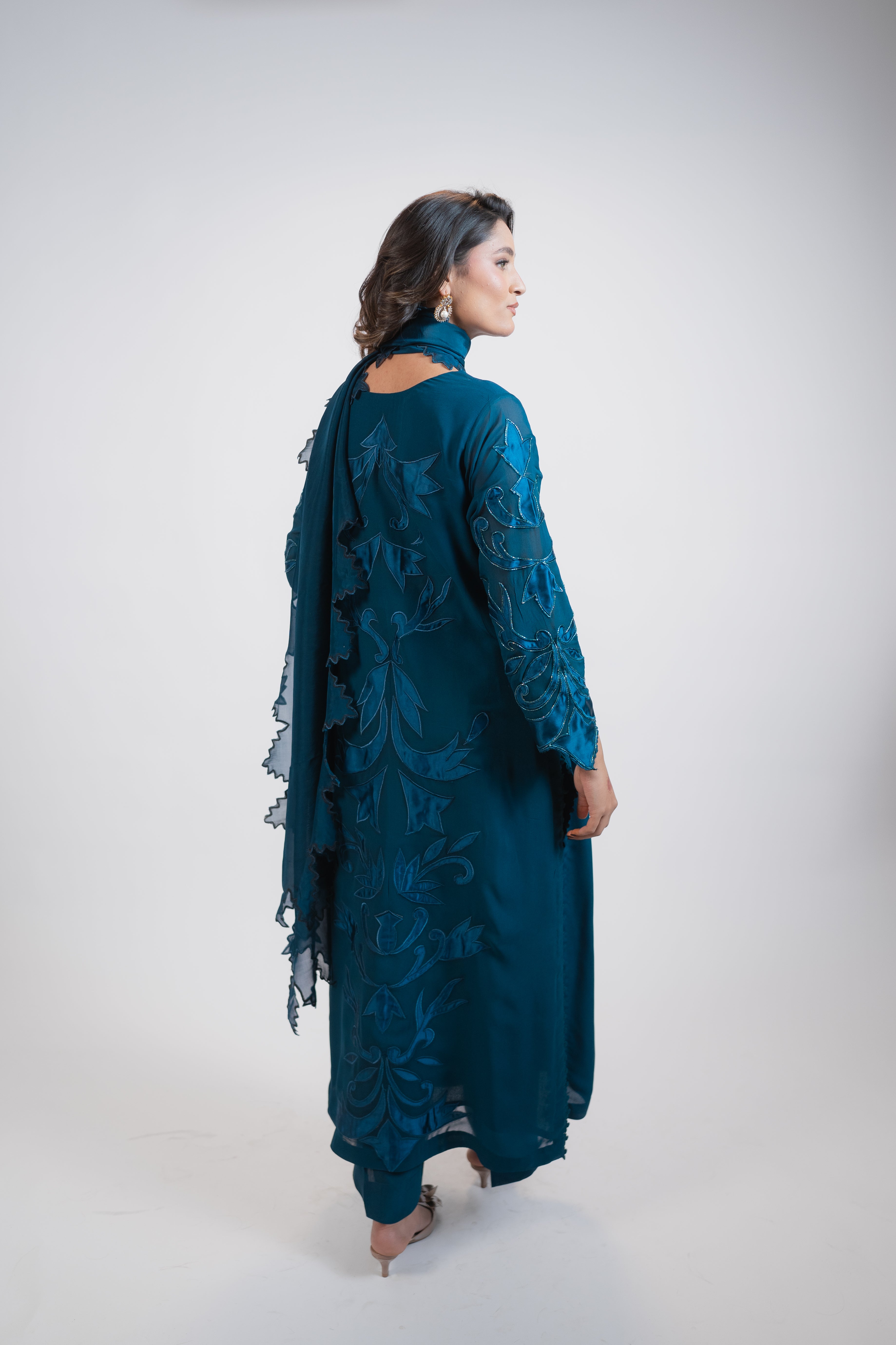 Teal Blue Georgette 3PC Dress with Silk Appliqué & Cut-Daana Work