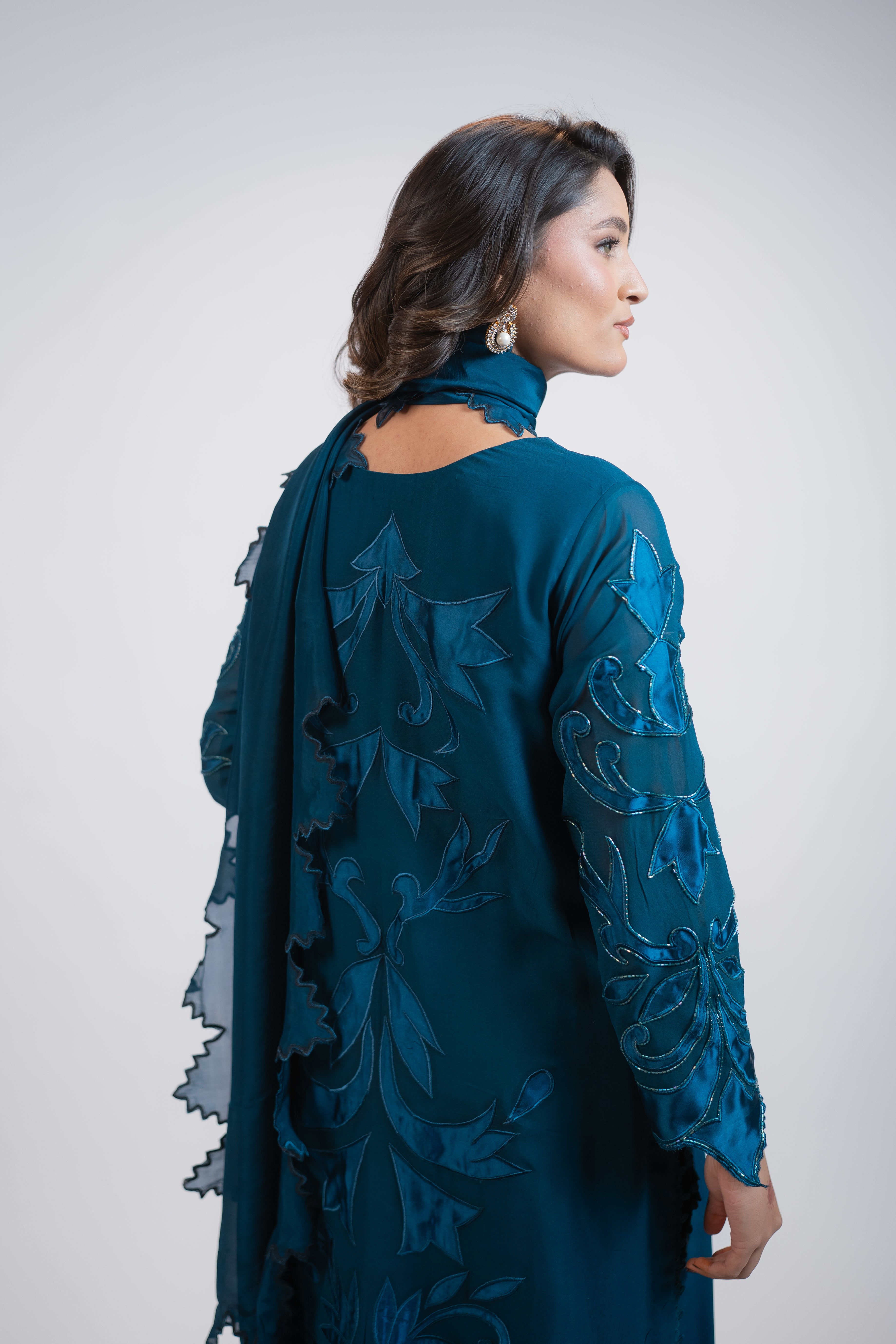 Teal Blue Georgette 3PC Dress with Silk Appliqué & Cut-Daana Work
