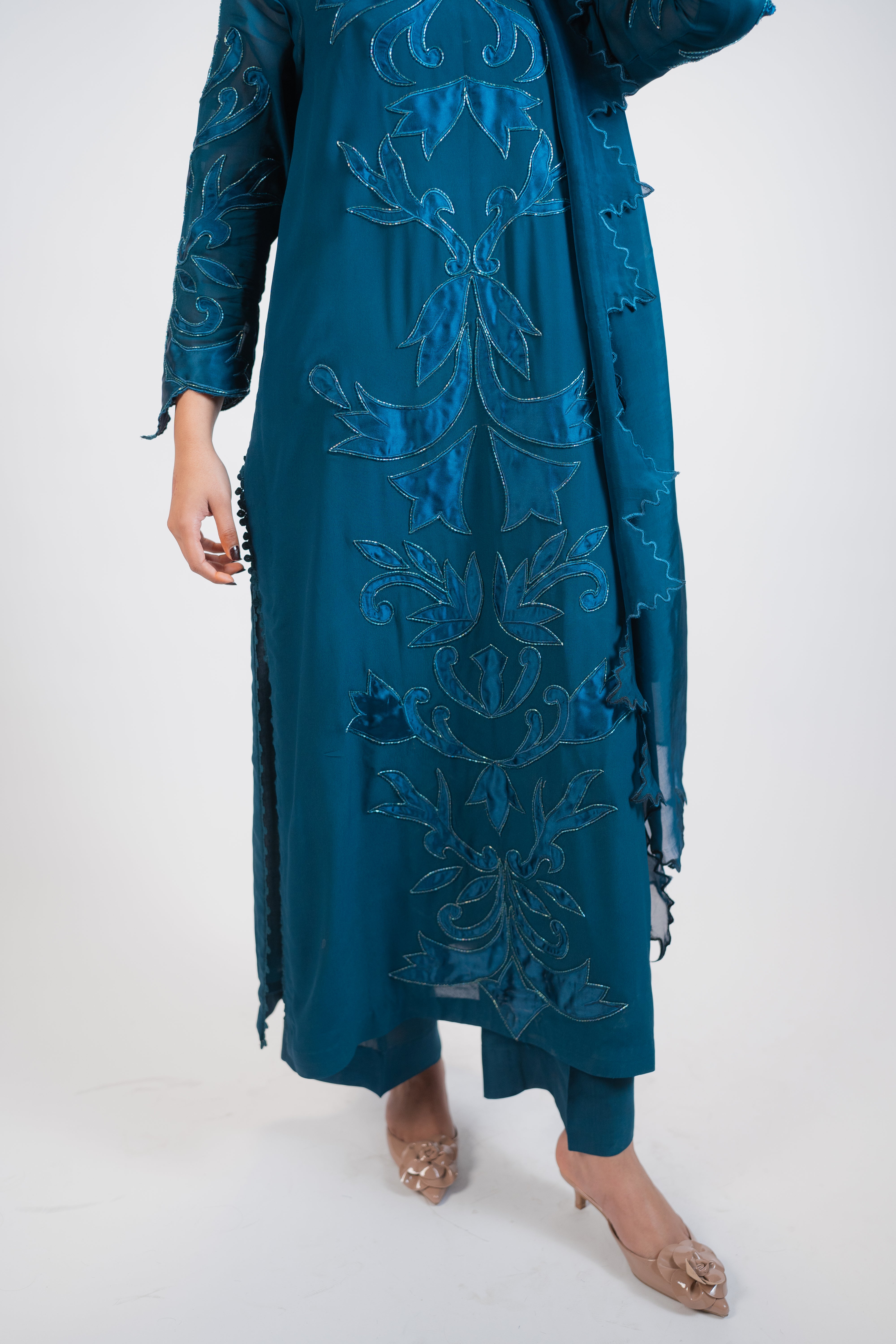 Teal Blue Georgette 3PC Dress with Silk Appliqué & Cut-Daana Work