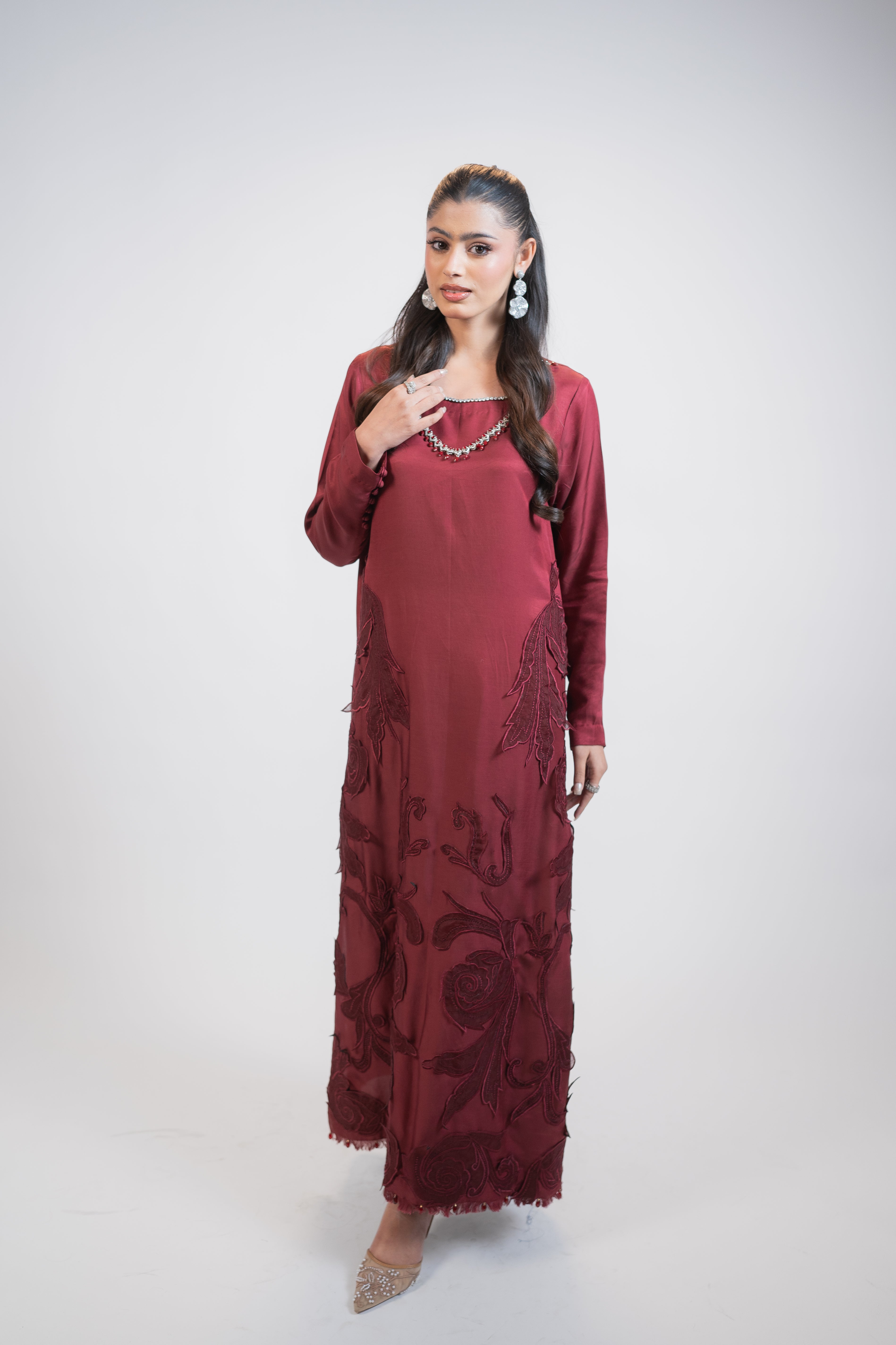 Red Silk 3PC Dress with Silver & Ruby Necklace-Style Embellishment