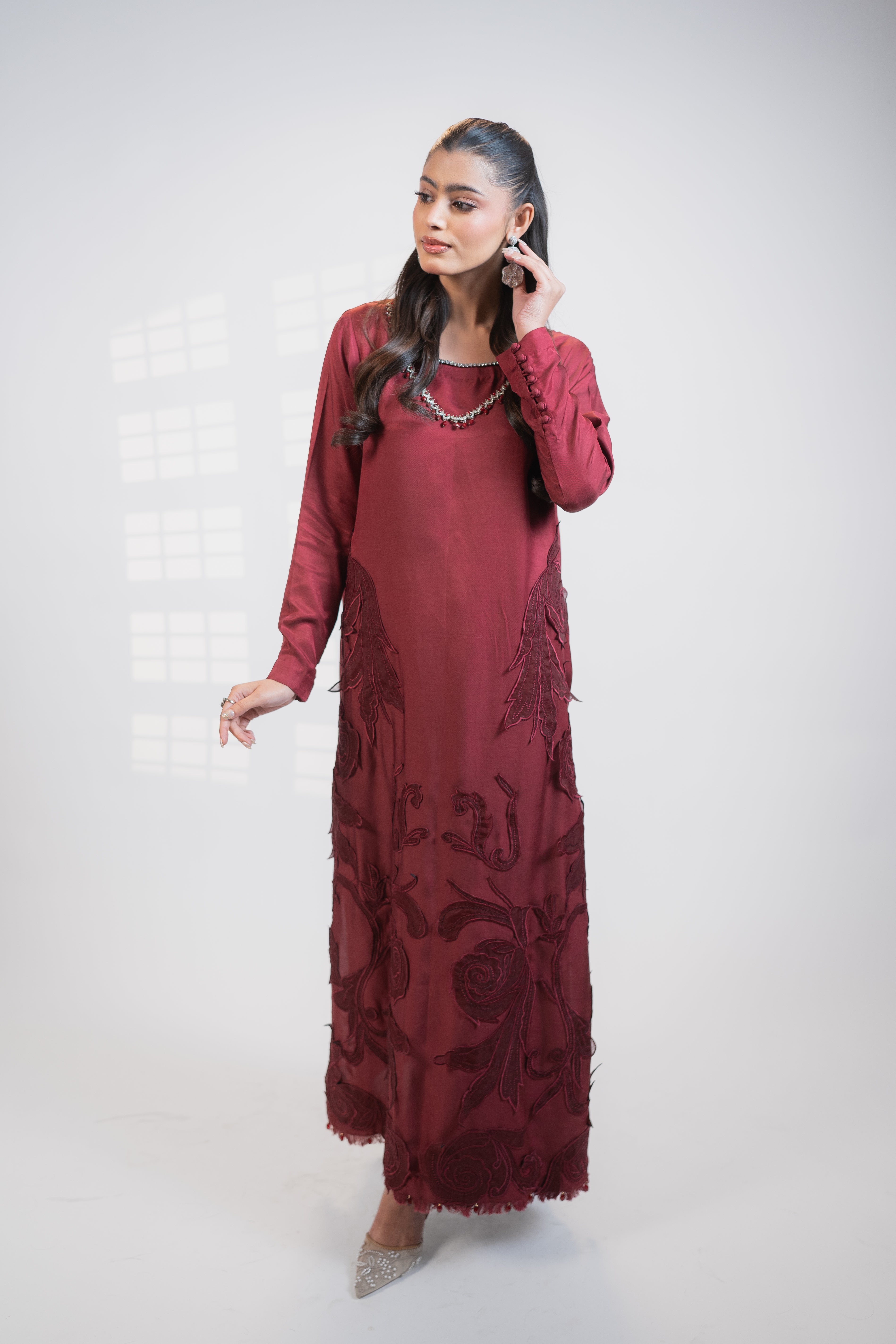 Red Silk 3PC Dress with Silver & Ruby Necklace-Style Embellishment