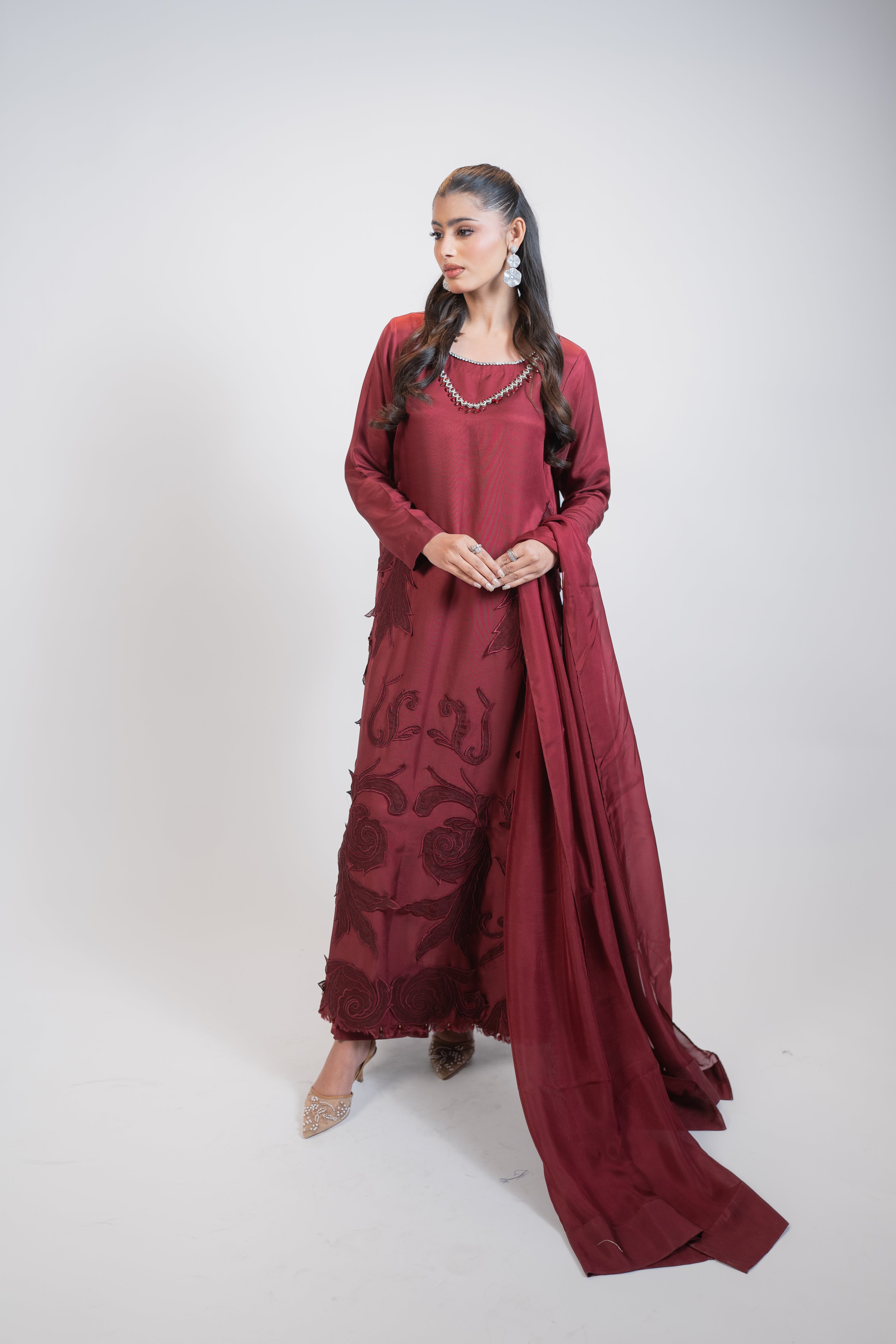 Red Silk 3PC Dress with Silver & Ruby Necklace-Style Embellishment