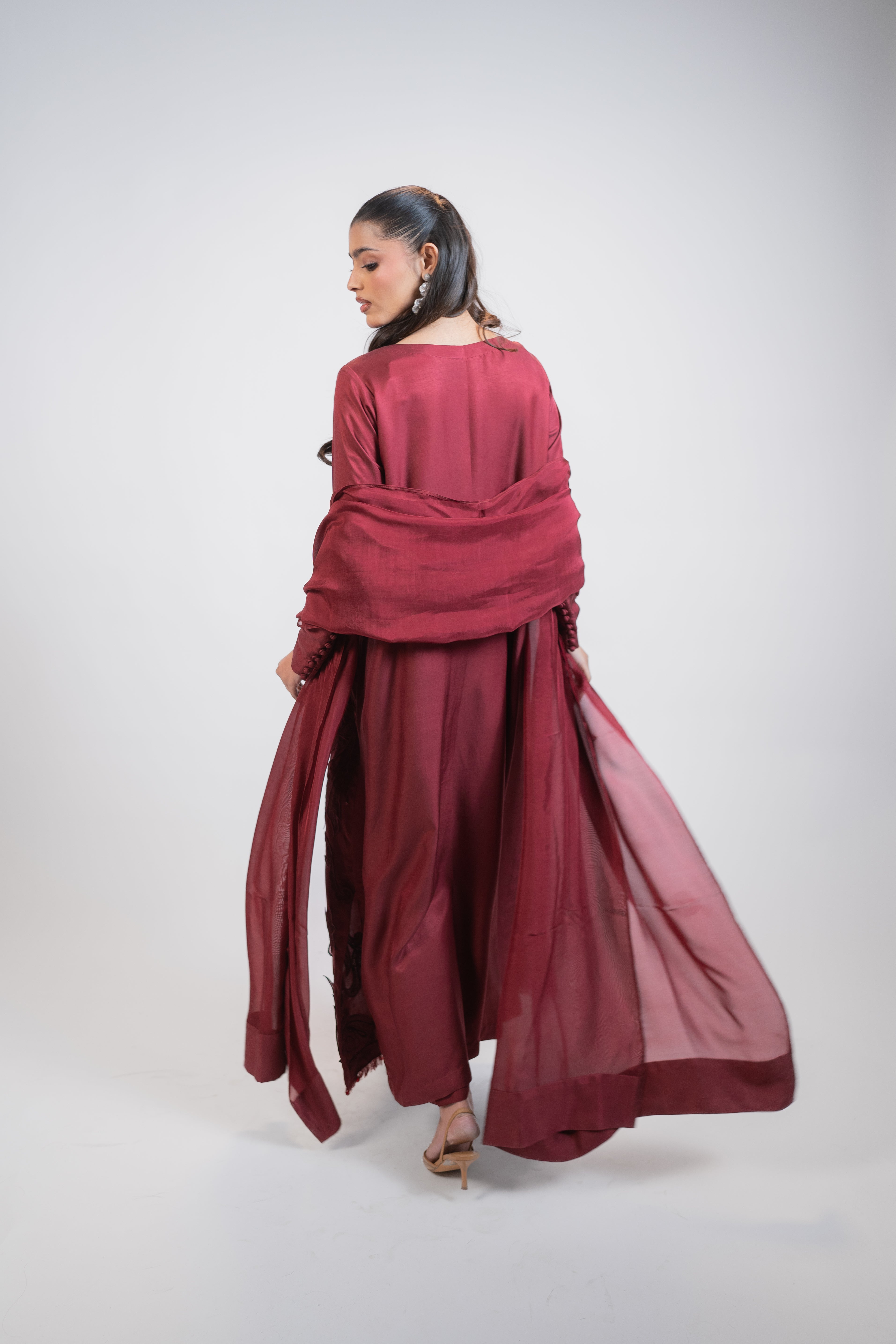 Red Silk 3PC Dress with Silver & Ruby Necklace-Style Embellishment