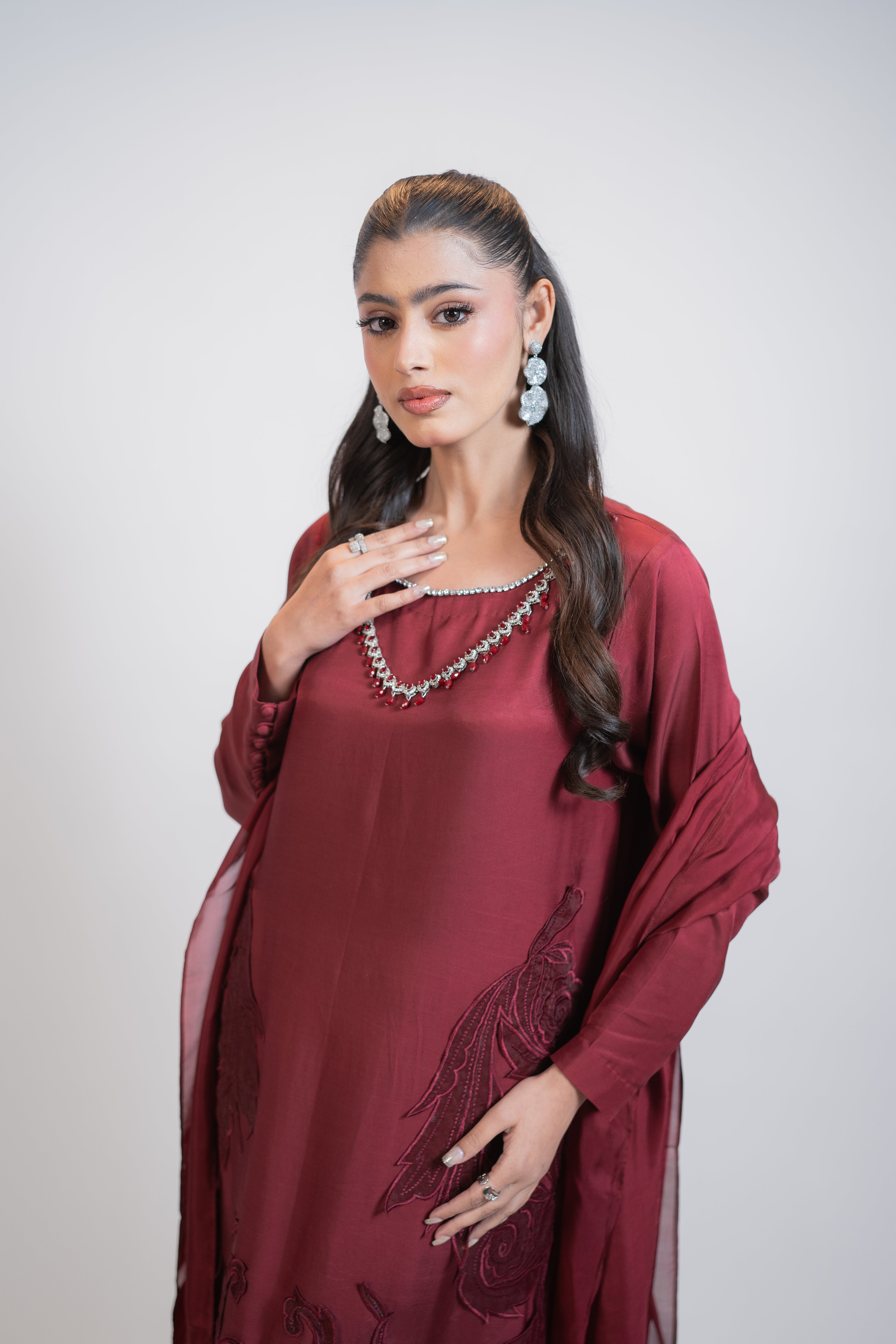 Red Silk 3PC Dress with Silver & Ruby Necklace-Style Embellishment