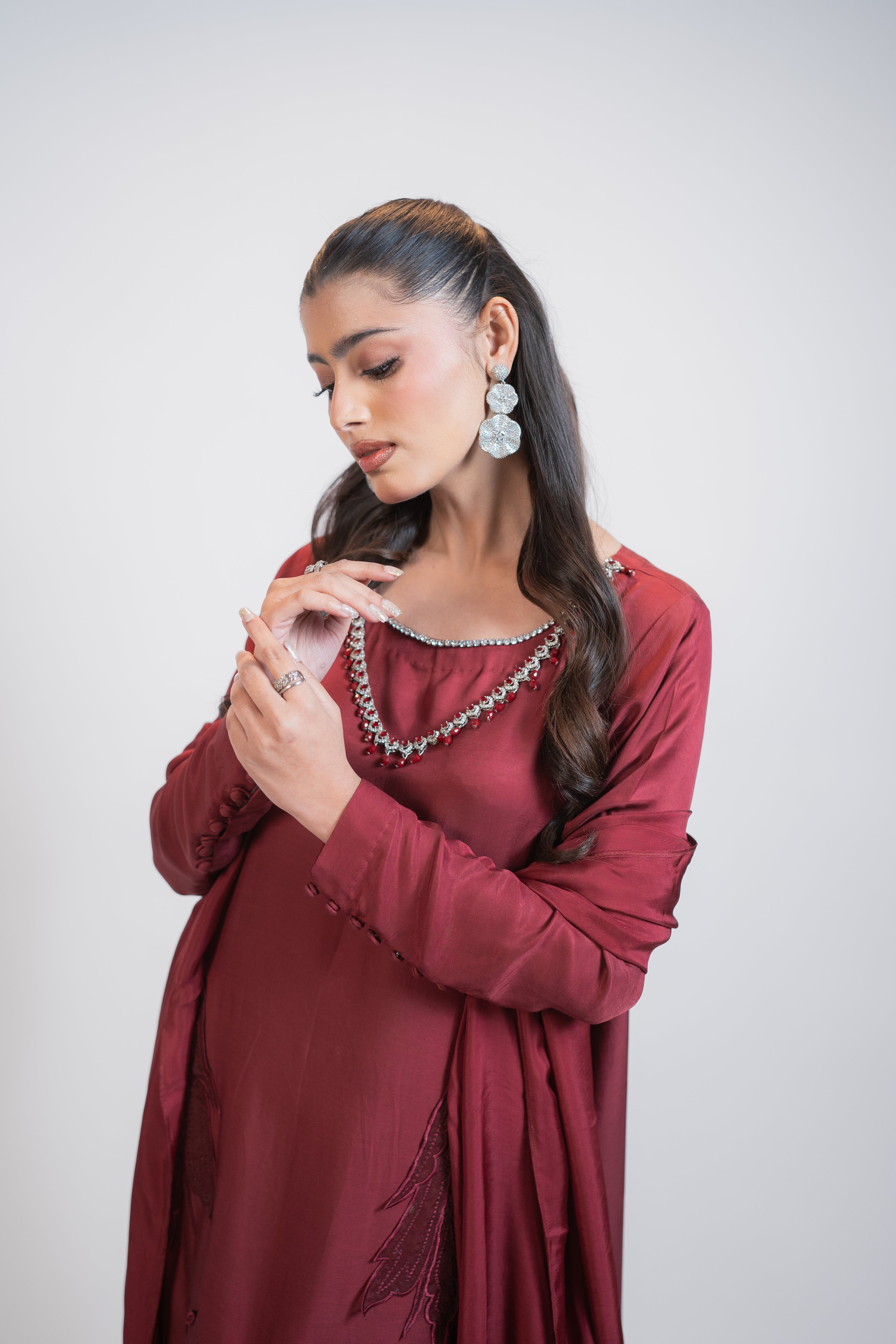 Red Silk 3PC Dress with Silver & Ruby Necklace-Style Embellishment