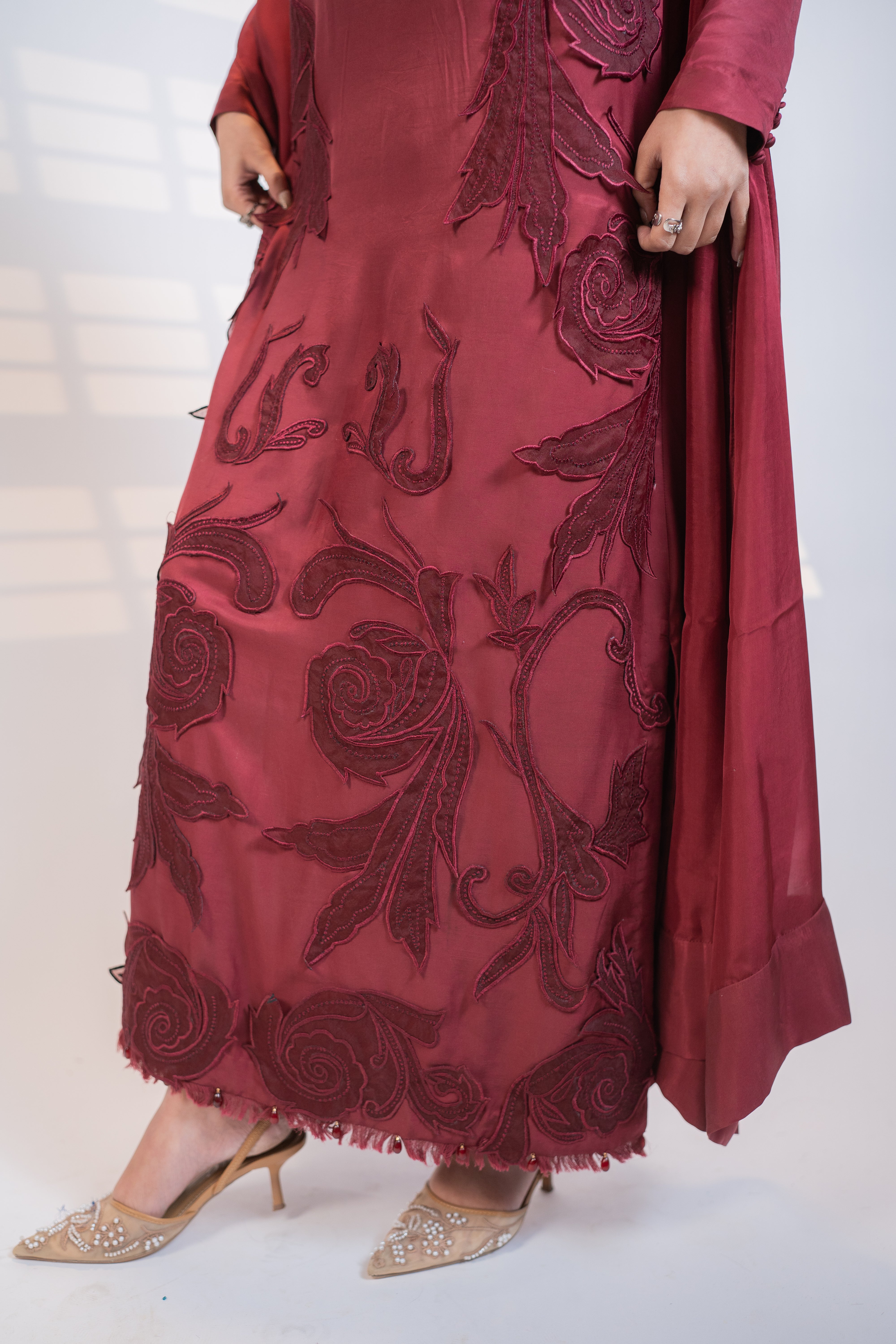 Red Silk 3PC Dress with Silver & Ruby Necklace-Style Embellishment