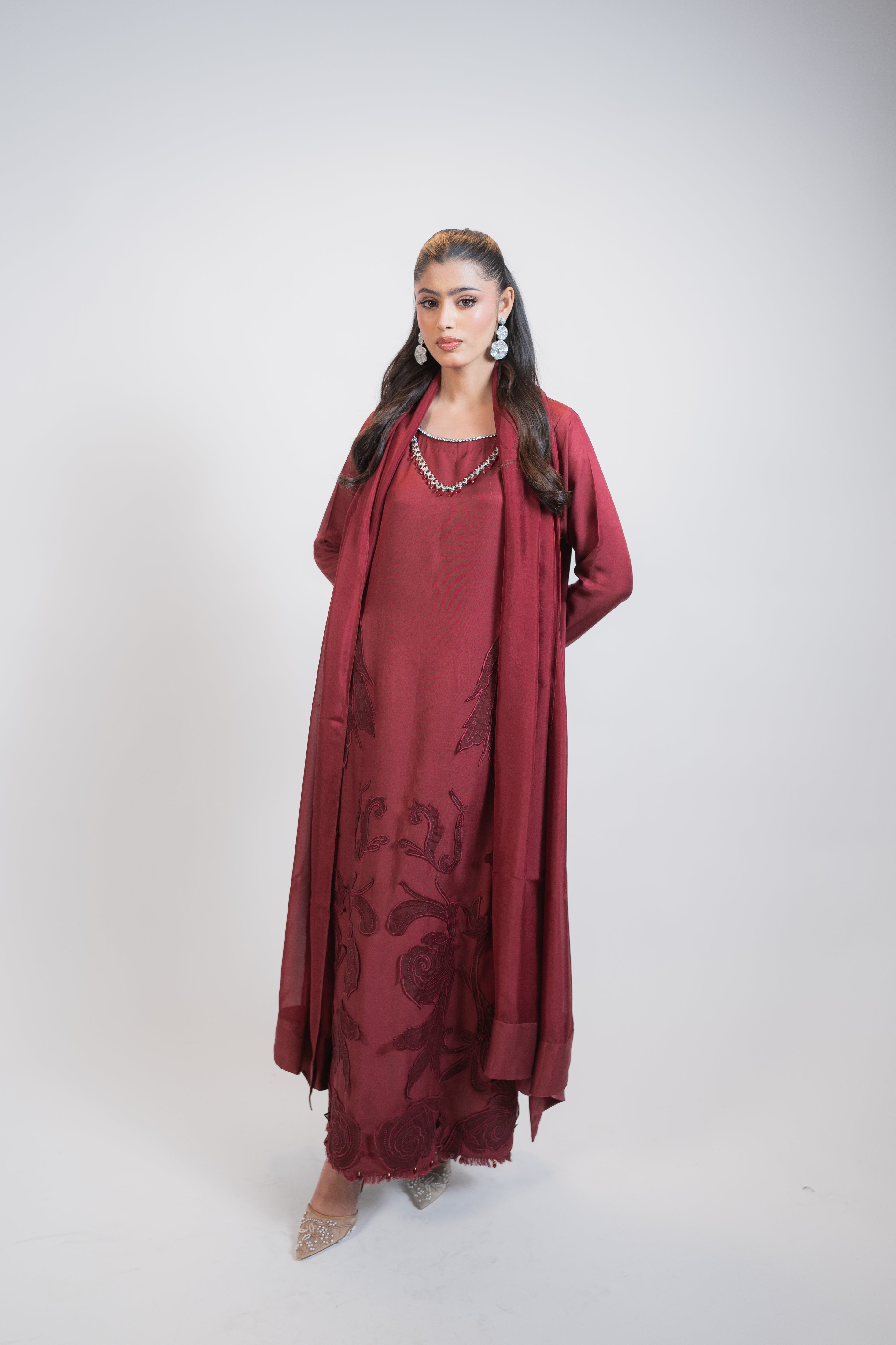 Red Silk 3PC Dress with Silver & Ruby Necklace-Style Embellishment