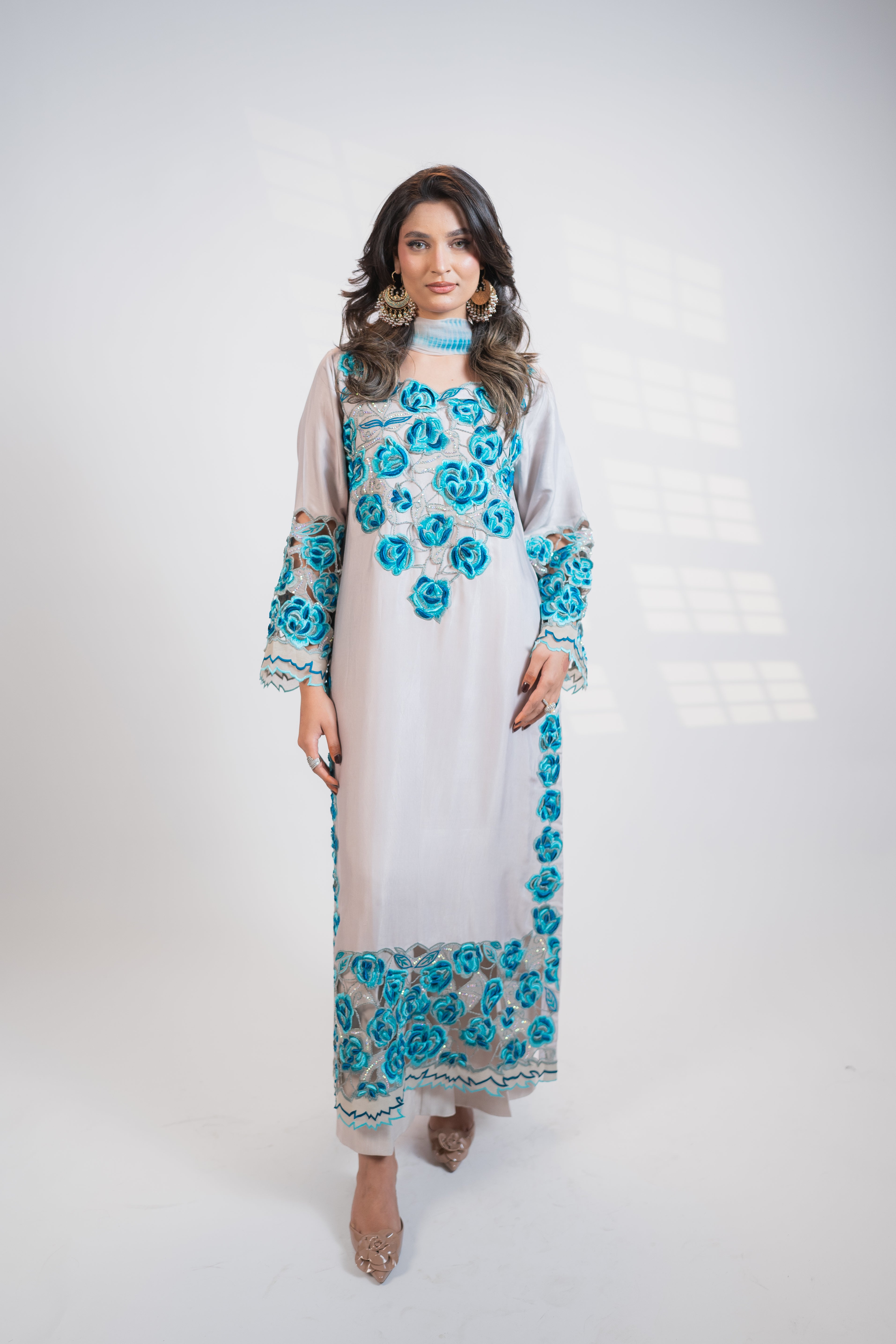 Light Grey 3PC Dress with Peacock-Toned Embroidery & Stone Embellishments