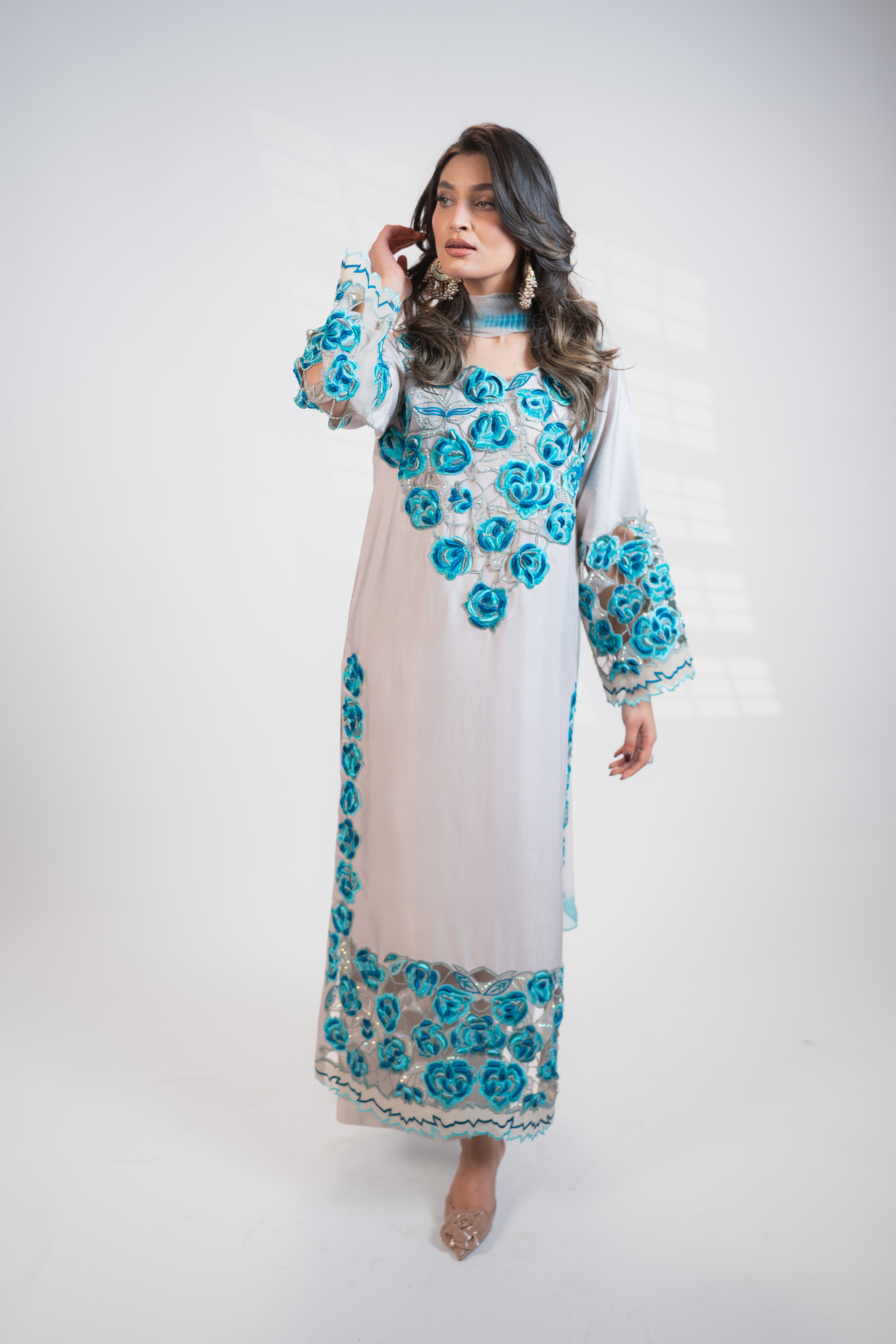 Light Grey 3PC Dress with Peacock-Toned Embroidery & Stone Embellishments