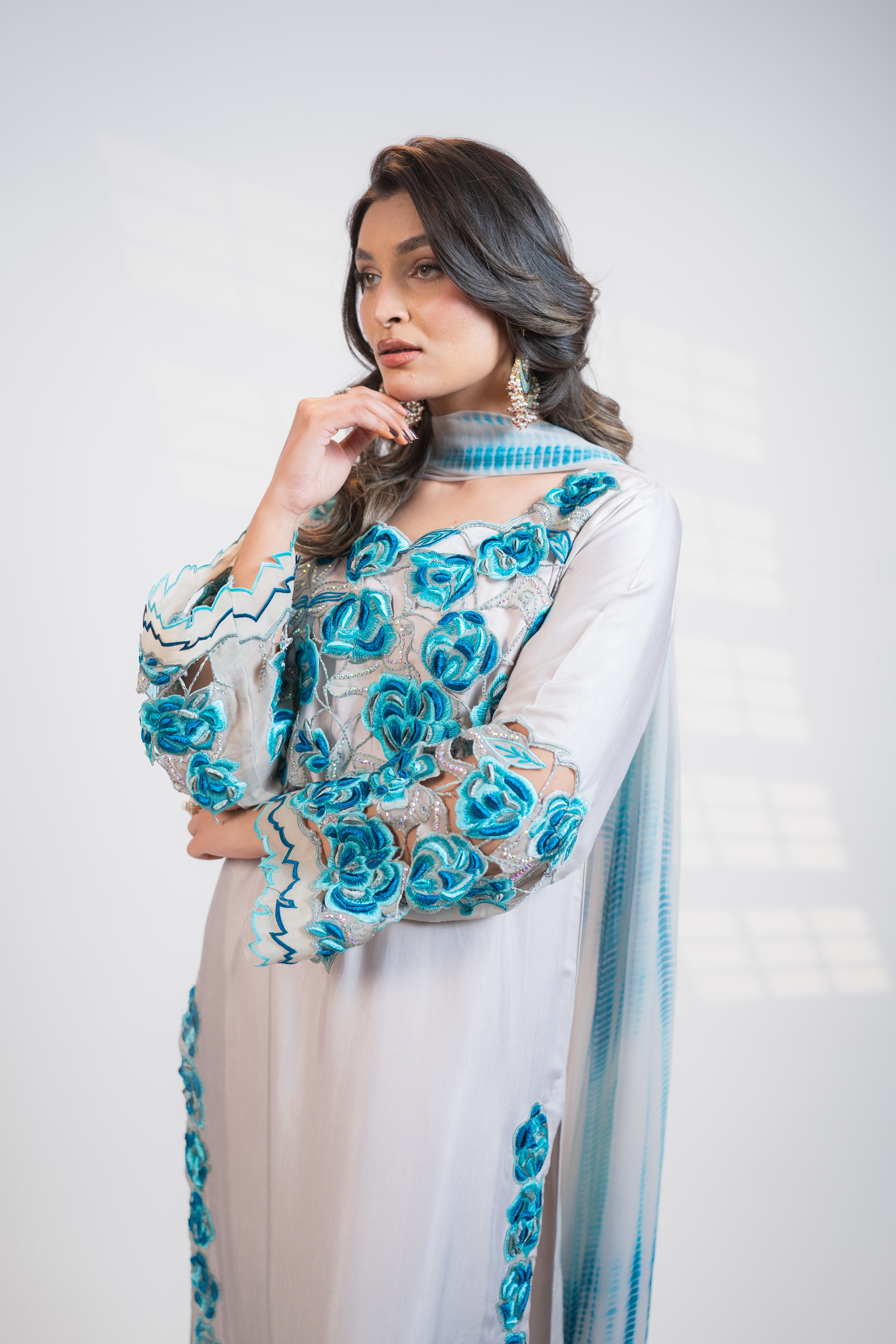 Light Grey 3PC Dress with Peacock-Toned Embroidery & Stone Embellishments