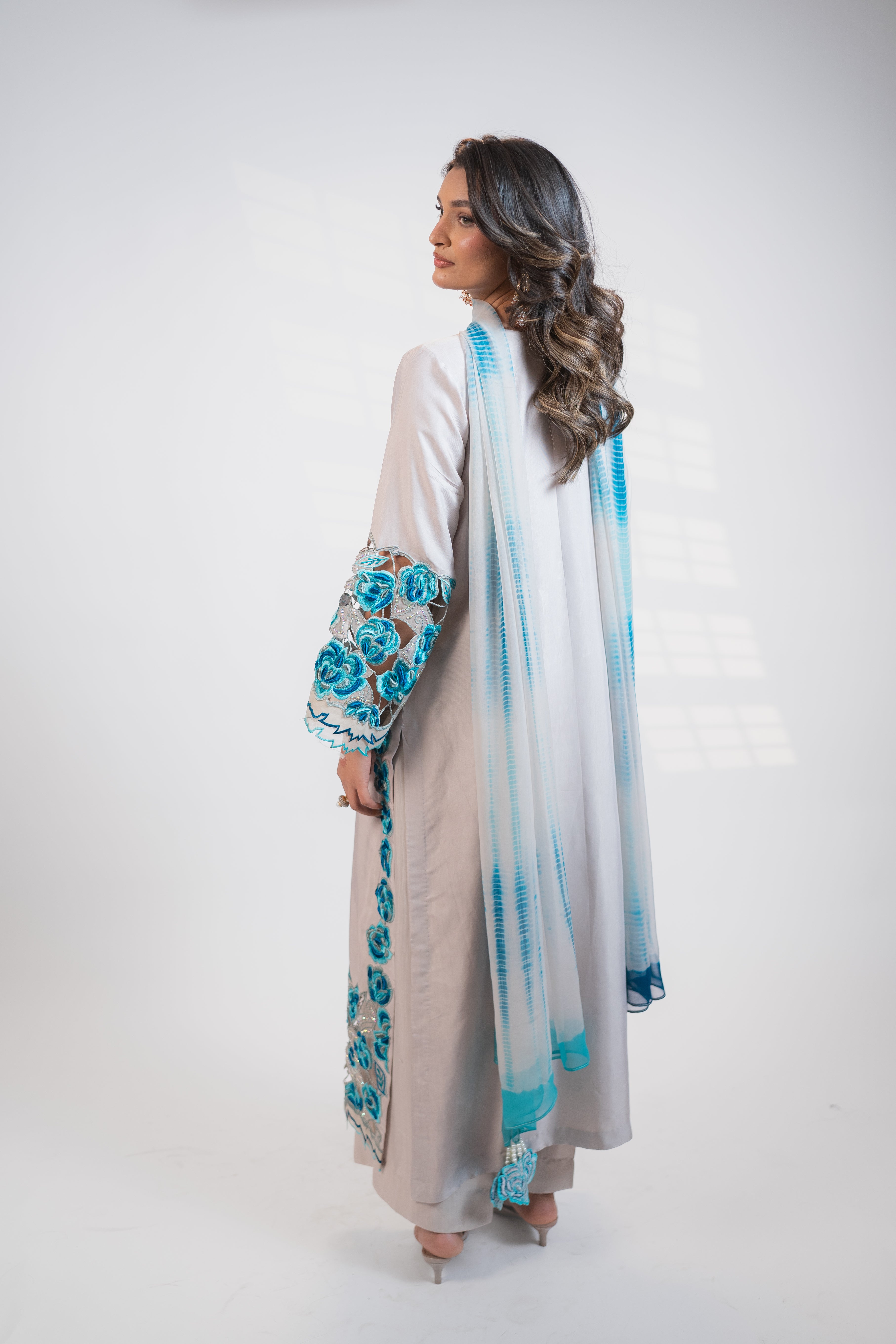 Light Grey 3PC Dress with Peacock-Toned Embroidery & Stone Embellishments