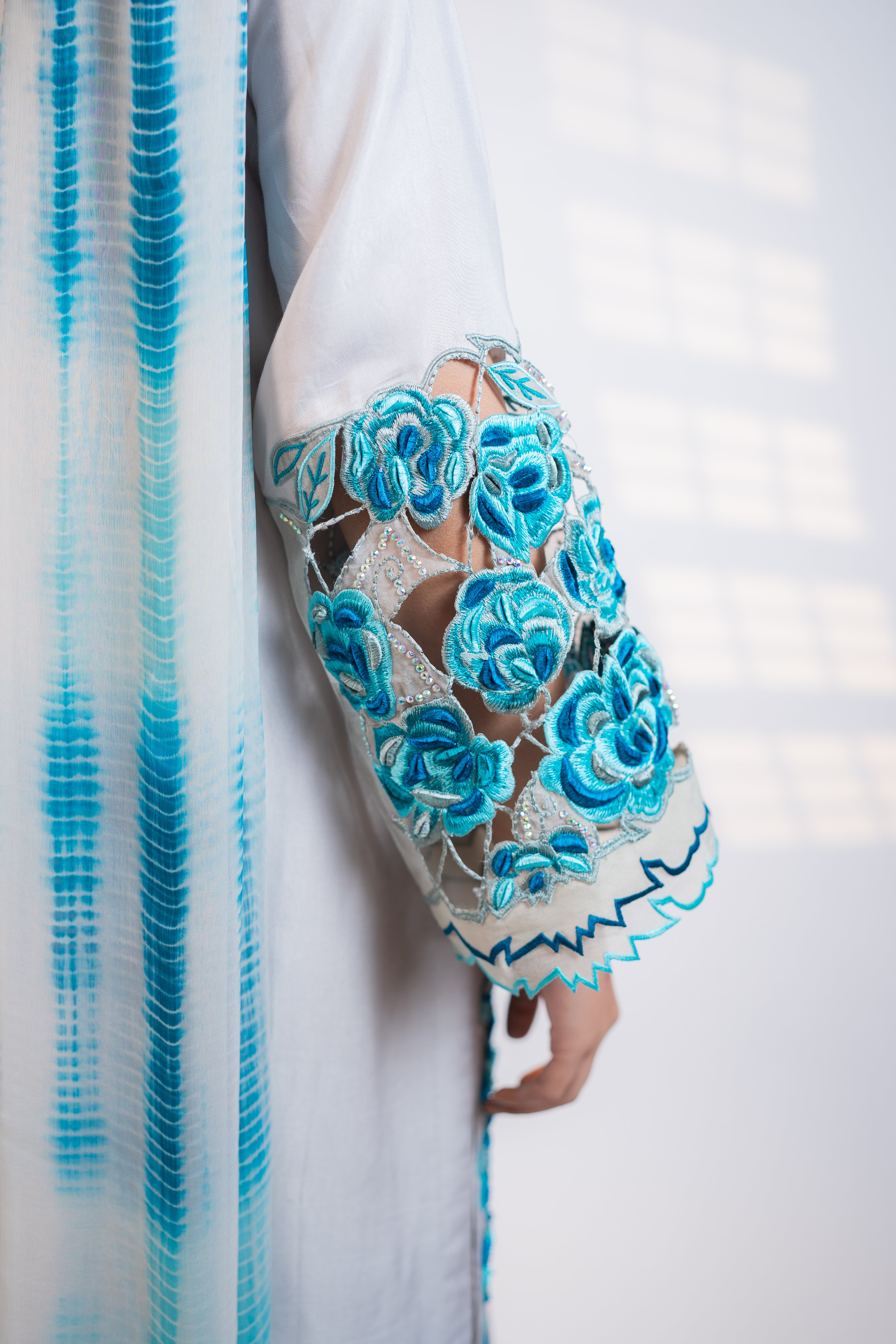 Light Grey 3PC Dress with Peacock-Toned Embroidery & Stone Embellishments