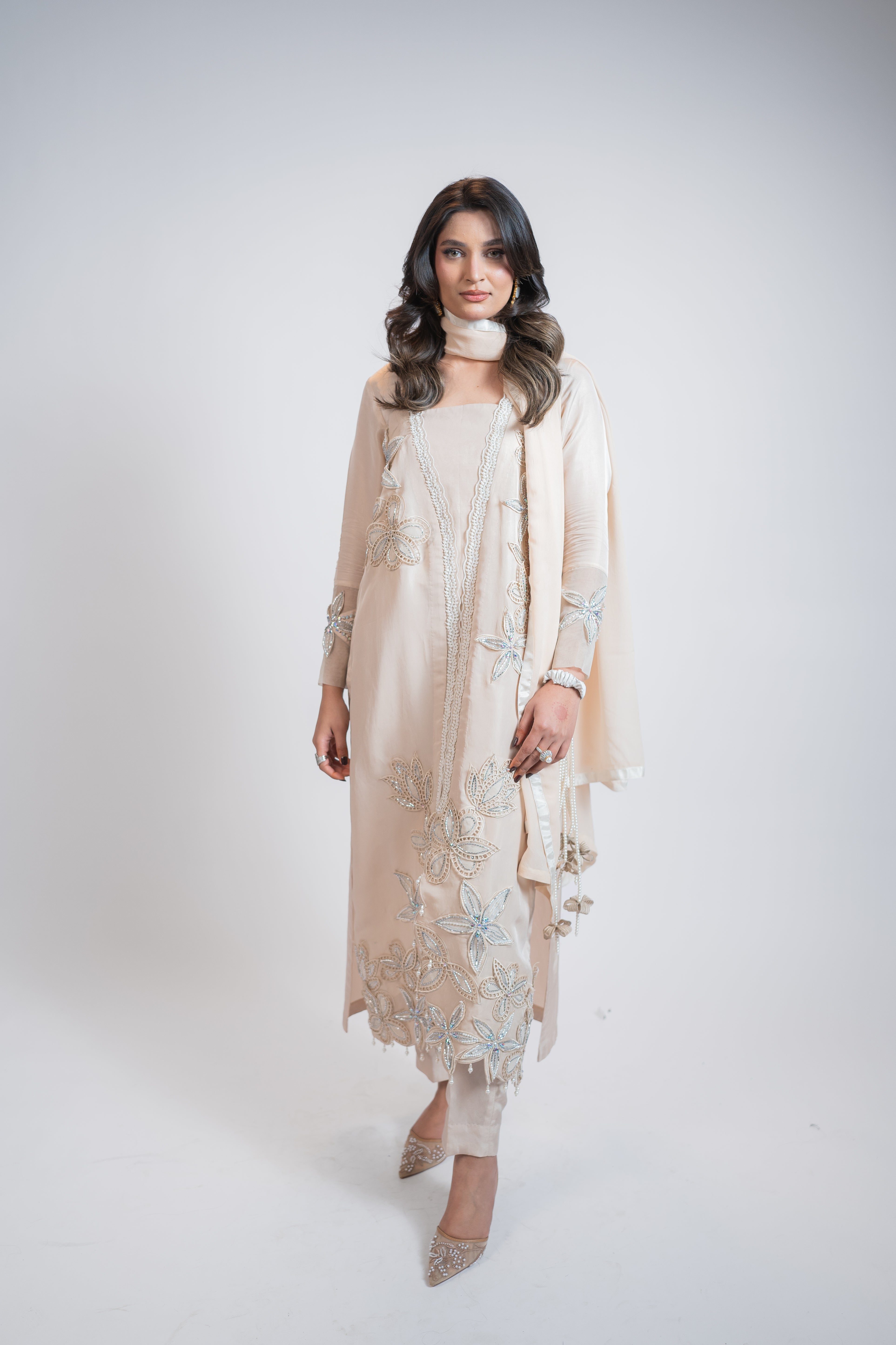 Ivory Pure Silk 3PC Set with Cutwork Florals, Pearl & Crystal Embellishments