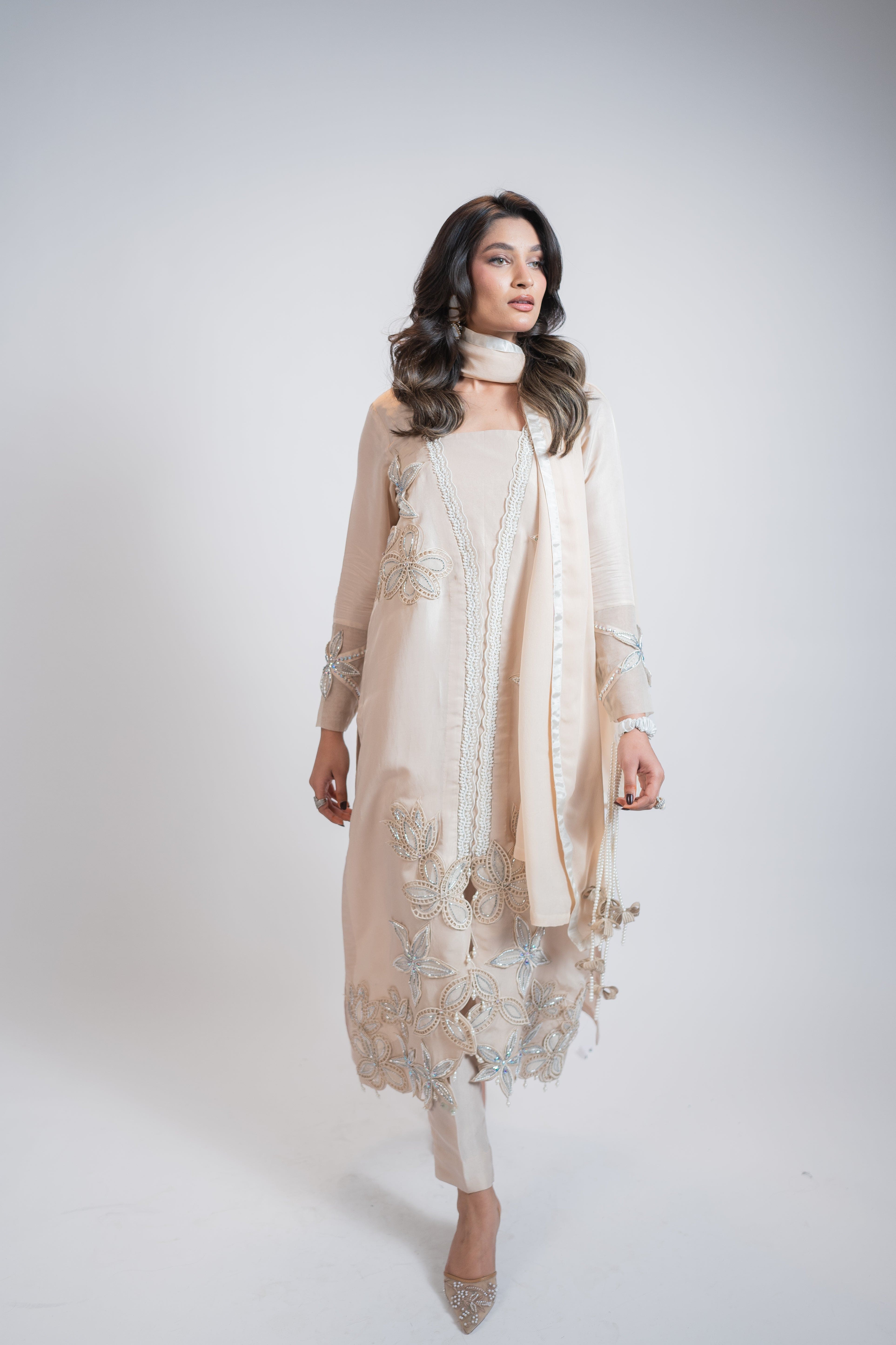 Ivory Pure Silk 3PC Set with Cutwork Florals, Pearl & Crystal Embellishments