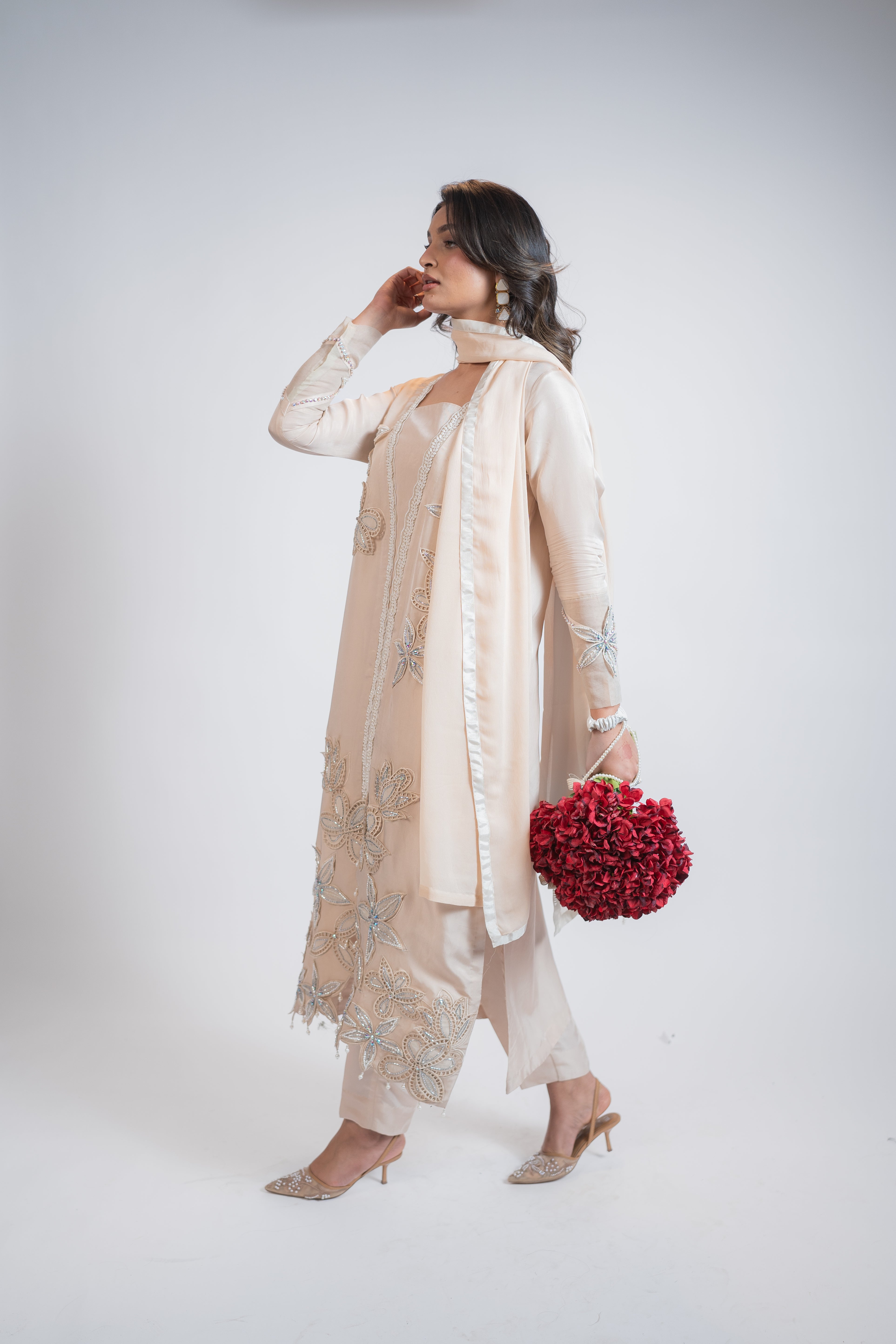 Ivory Pure Silk 3PC Set with Cutwork Florals, Pearl & Crystal Embellishments