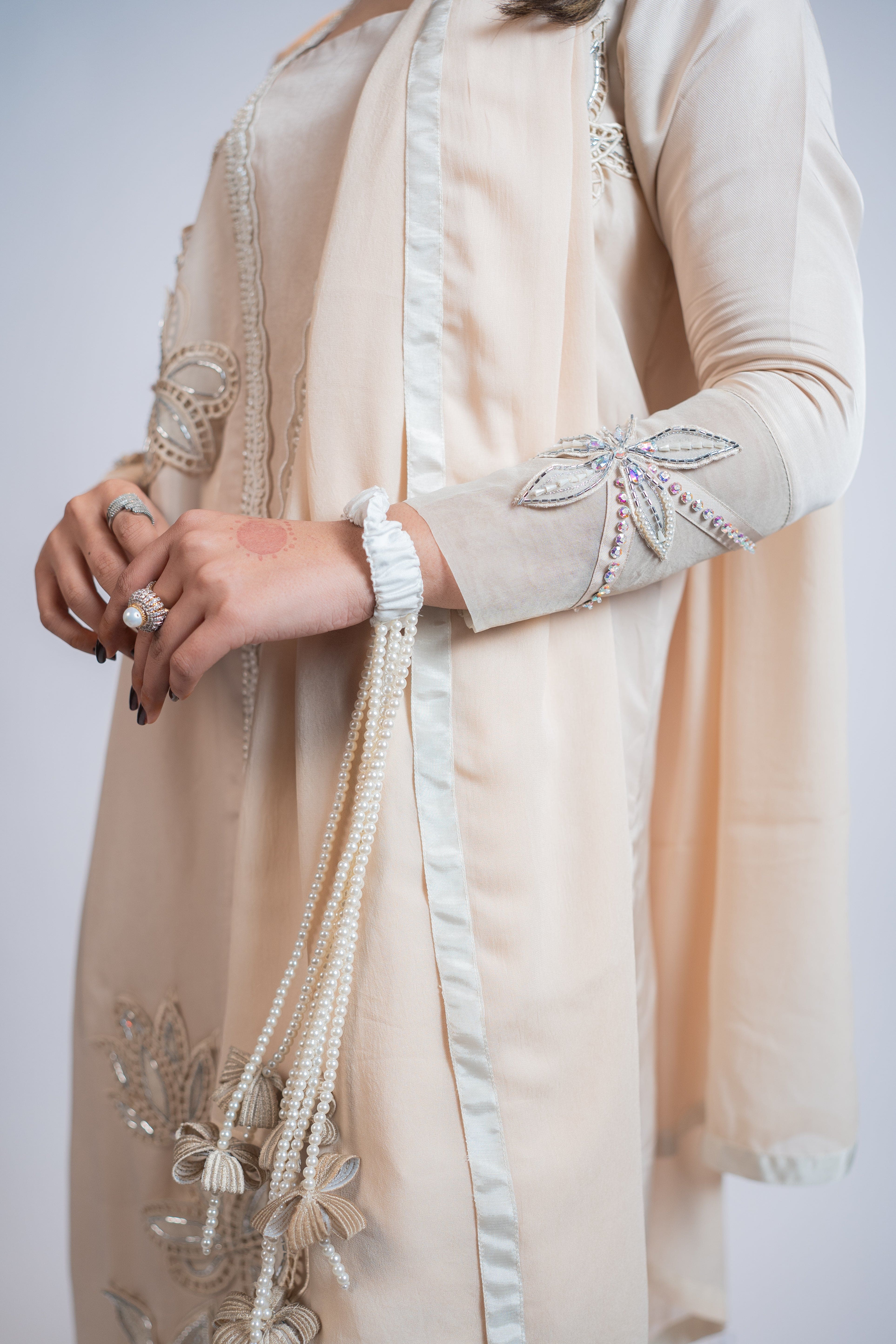 Ivory Pure Silk 3PC Set with Cutwork Florals, Pearl & Crystal Embellishments
