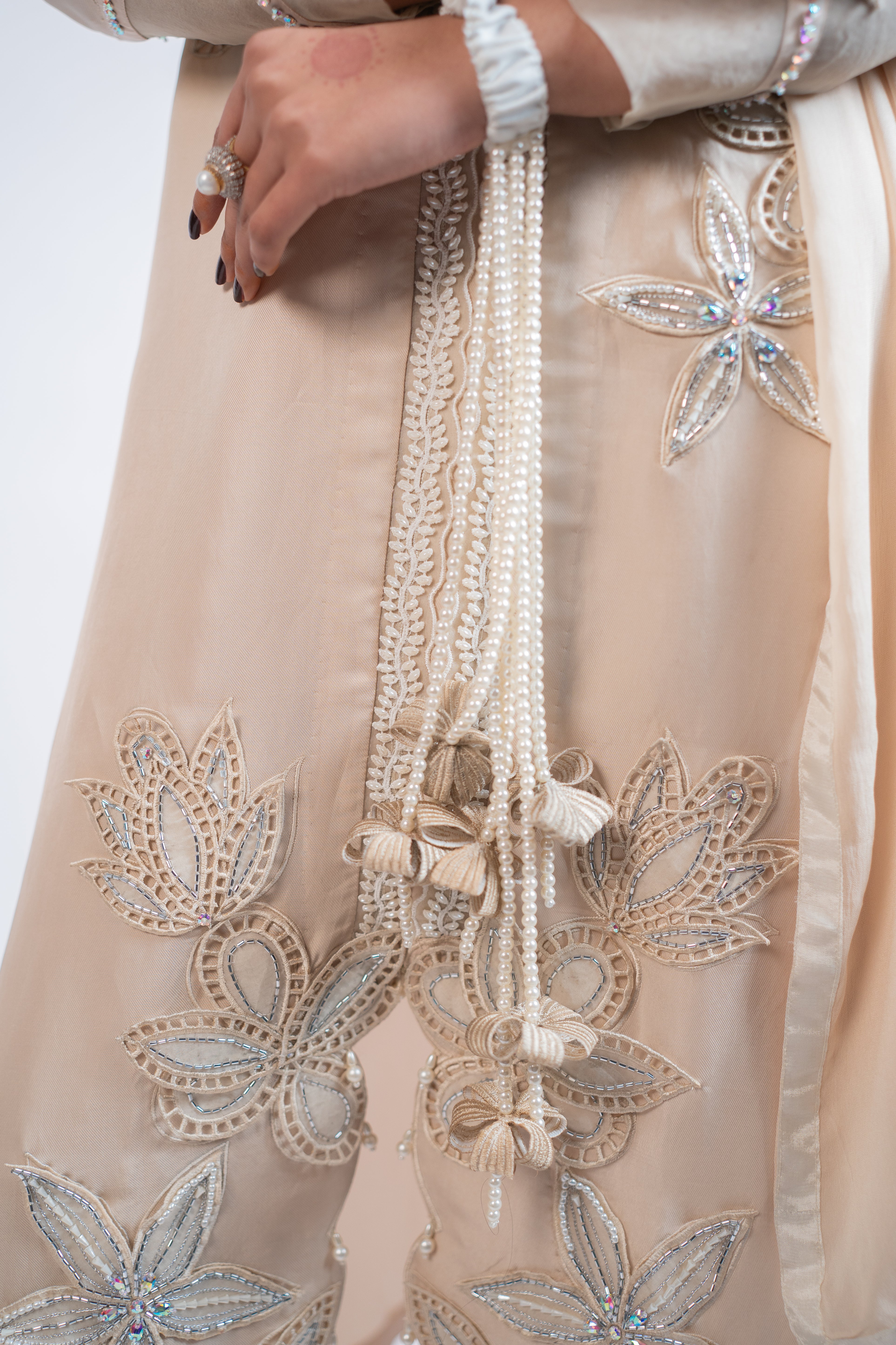 Ivory Pure Silk 3PC Set with Cutwork Florals, Pearl & Crystal Embellishments