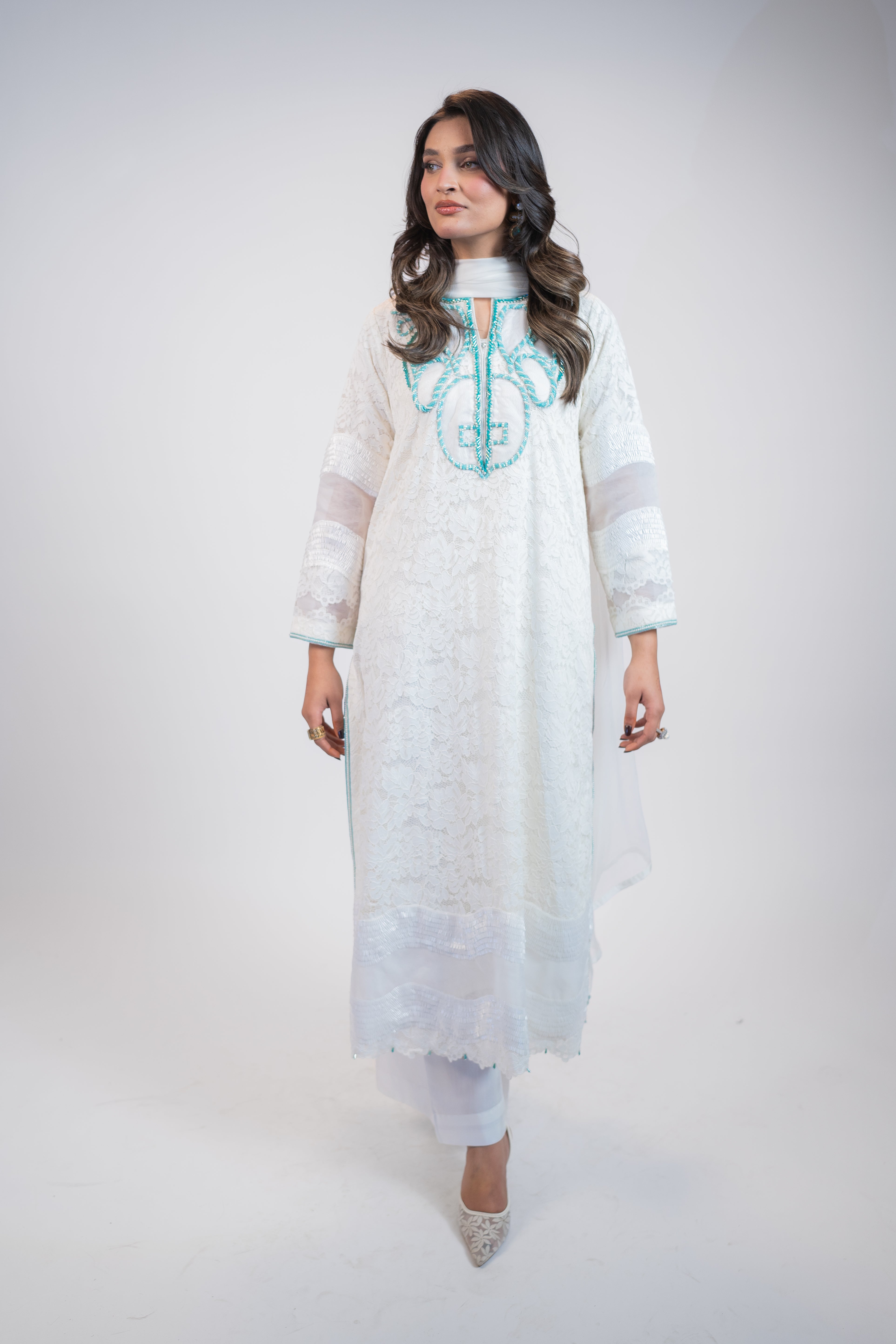 Pristine White Chantelle 3PC Dress with Firoza & Crystal Embellishments