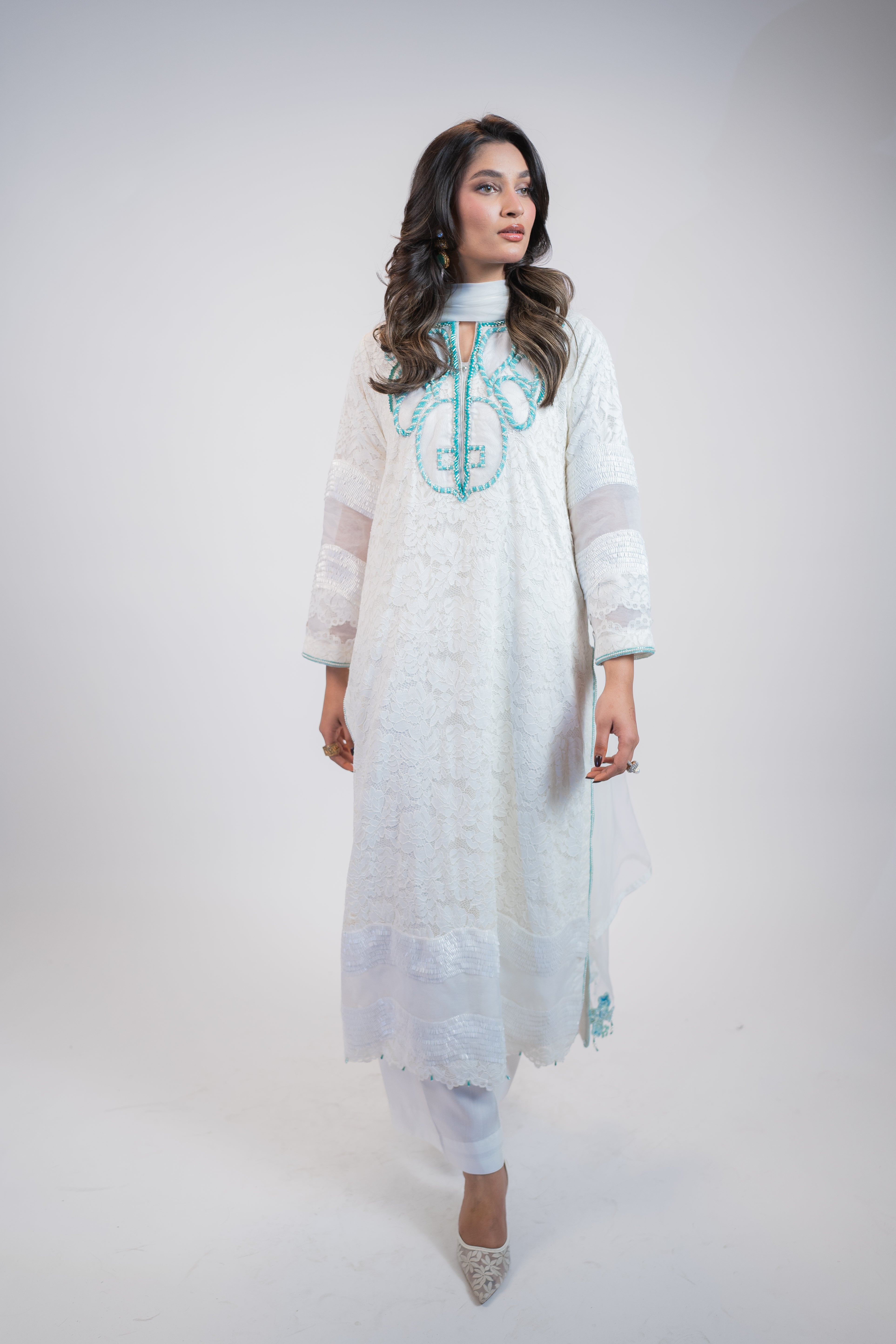 Pristine White Chantelle 3PC Dress with Firoza & Crystal Embellishments