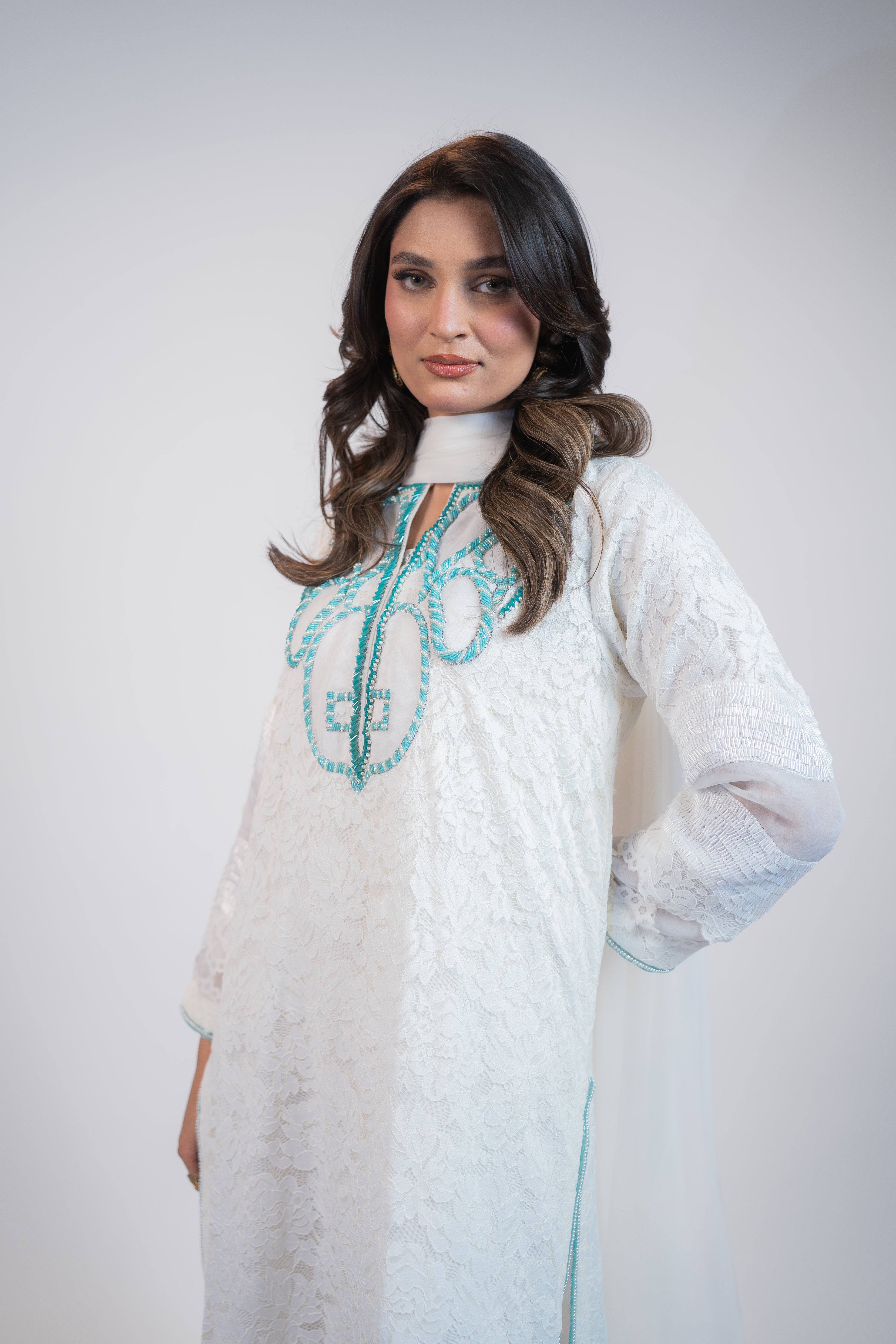 Pristine White Chantelle 3PC Dress with Firoza & Crystal Embellishments