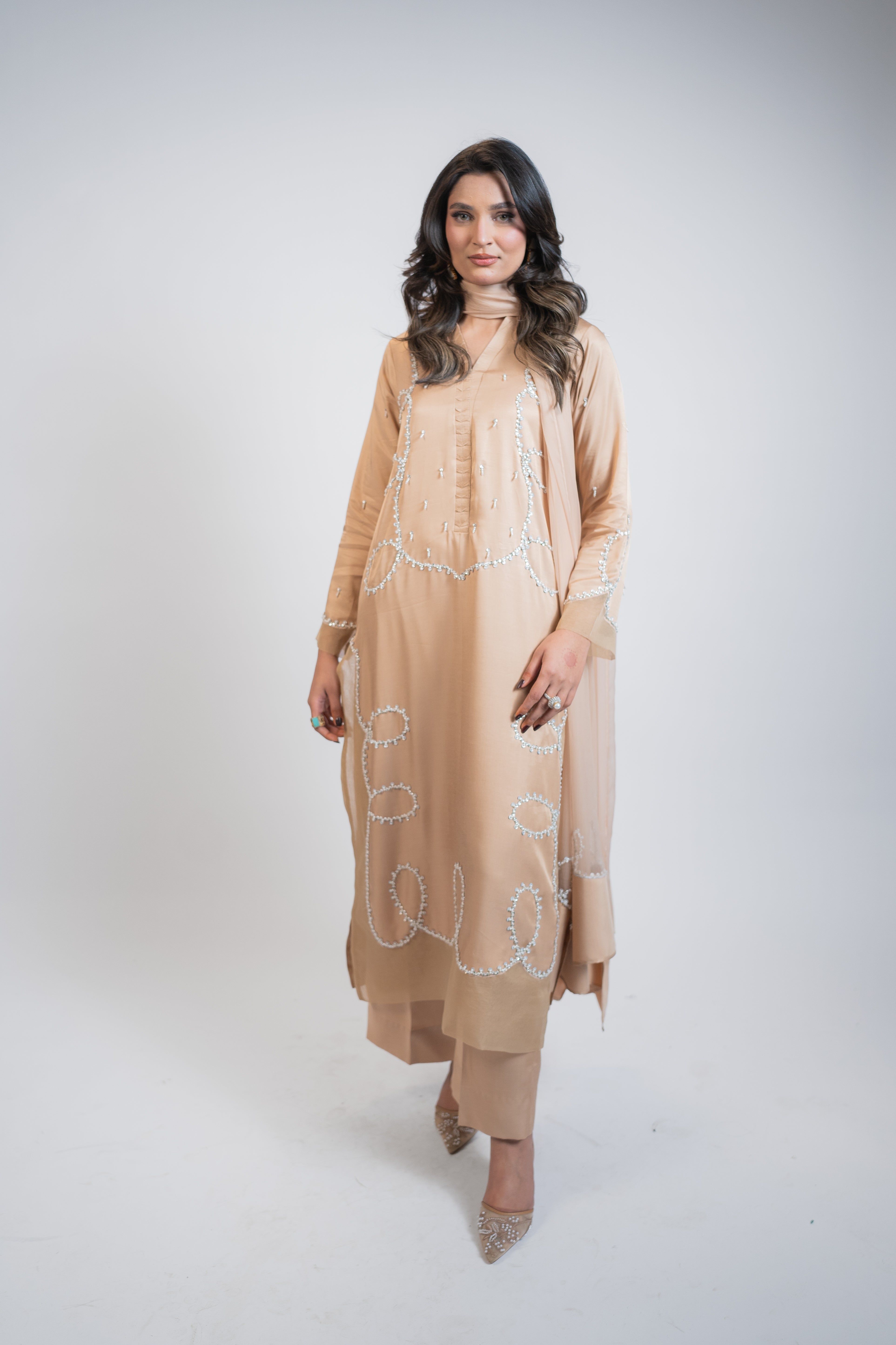 Honey Brown Pure Tussel Silk 3PC Set with Pearl & Sequin Embellishments – Festive Designer Outfit