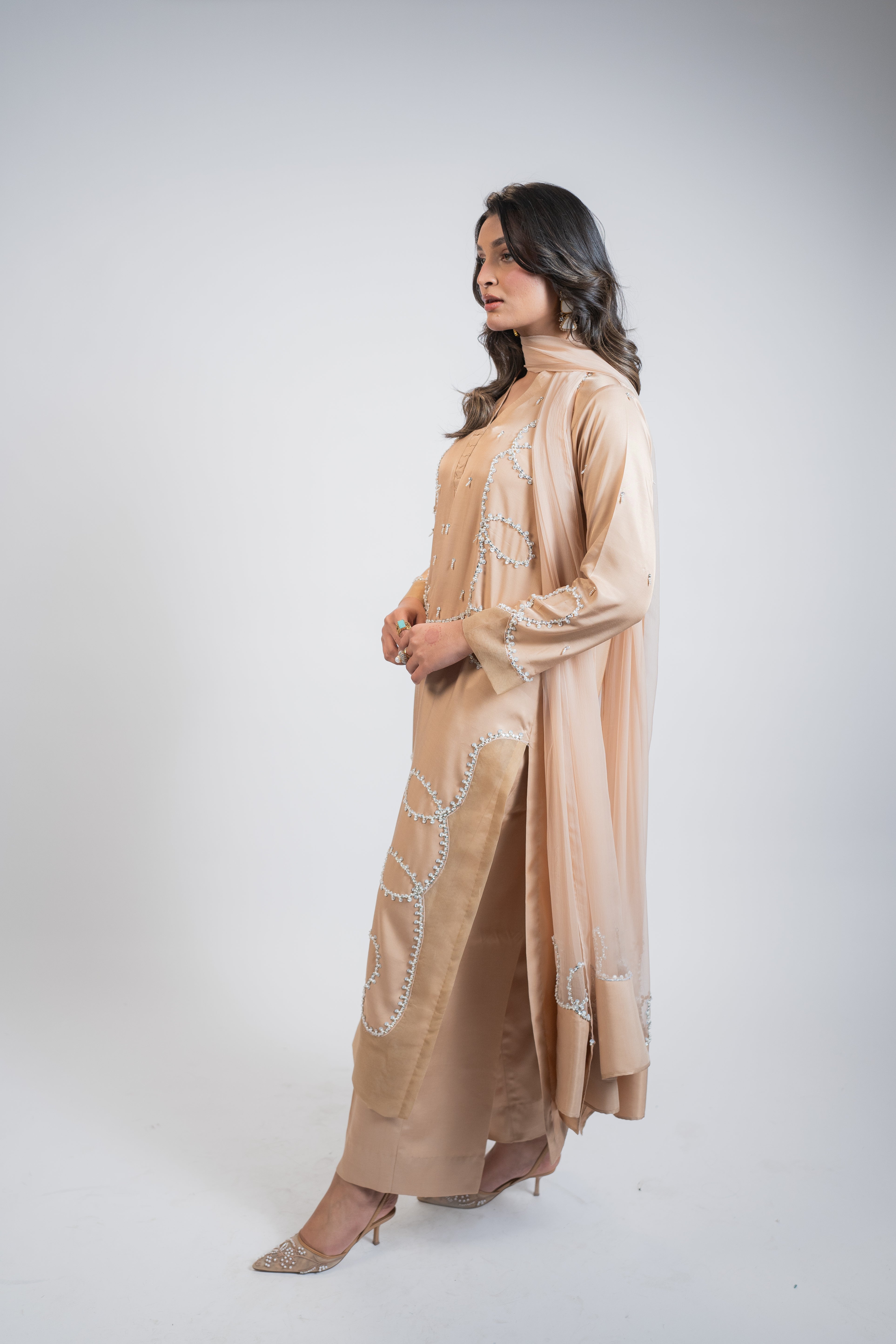Honey Brown Pure Tussel Silk 3PC Set with Pearl & Sequin Embellishments – Festive Designer Outfit