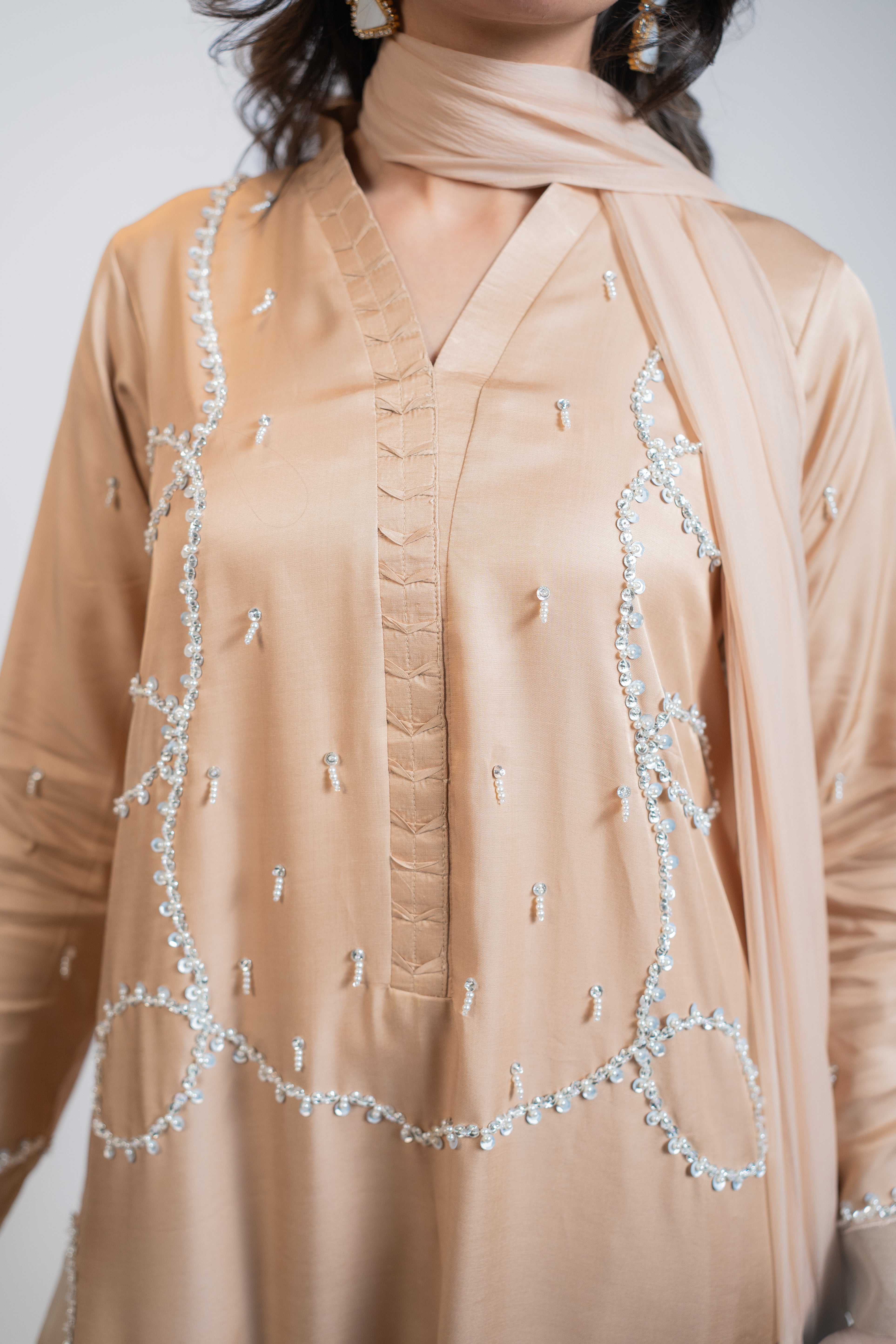 Honey Brown Pure Tussel Silk 3PC Set with Pearl & Sequin Embellishments – Festive Designer Outfit