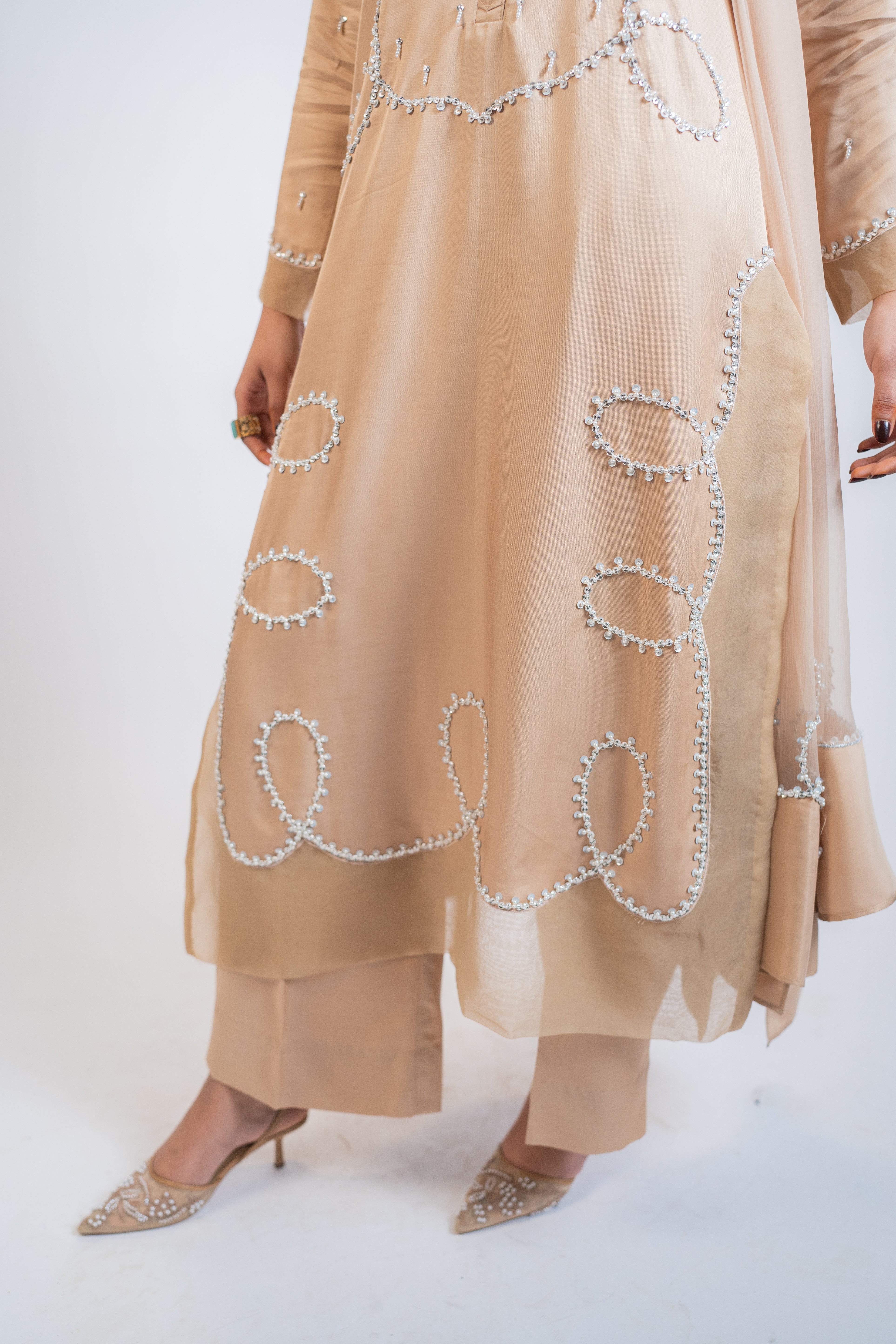 Honey Brown Pure Tussel Silk 3PC Set with Pearl & Sequin Embellishments – Festive Designer Outfit