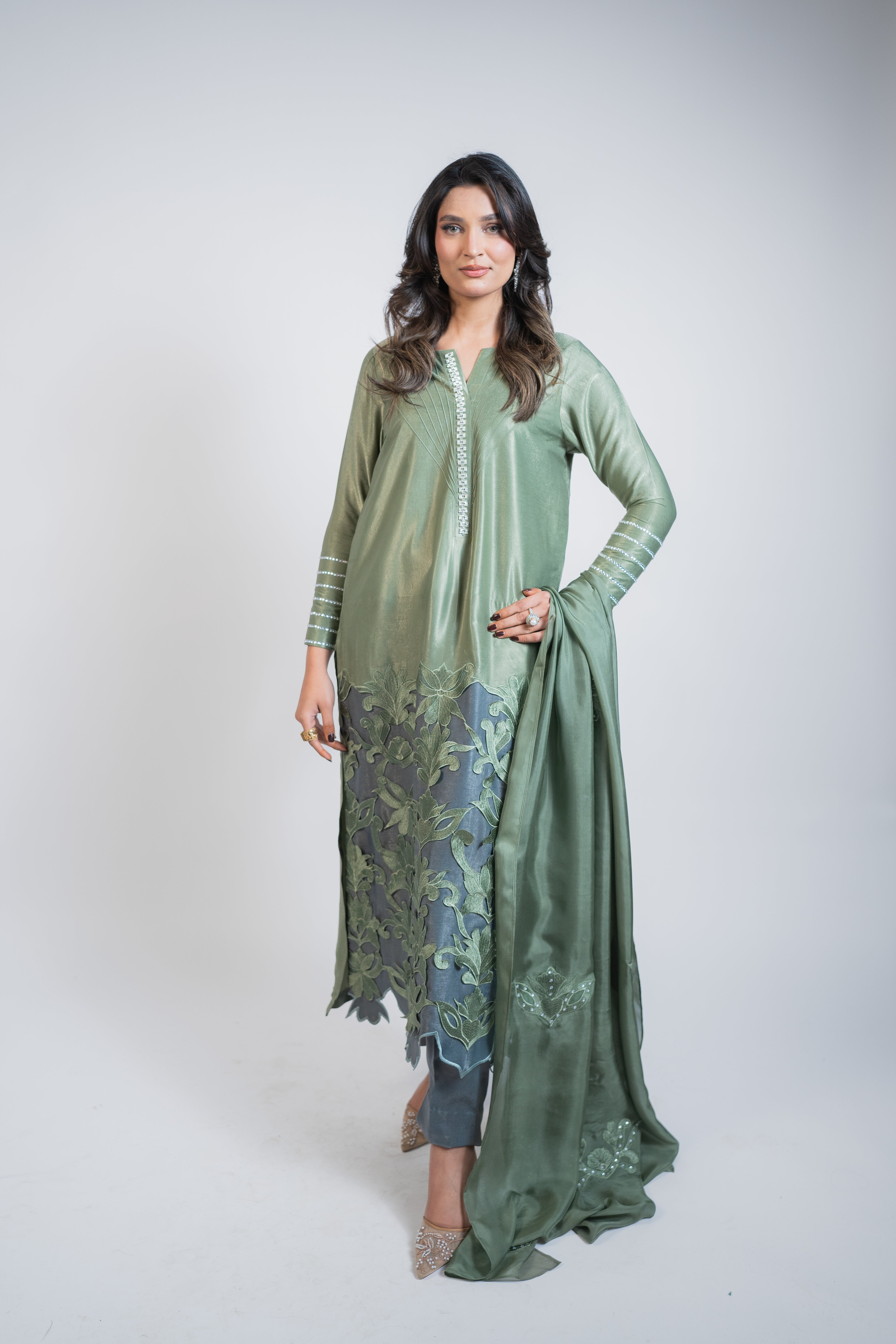 Mint Green & Grey 3PC Dress with Silver Work, Cutwork Ghaira & Embellished Dupatta