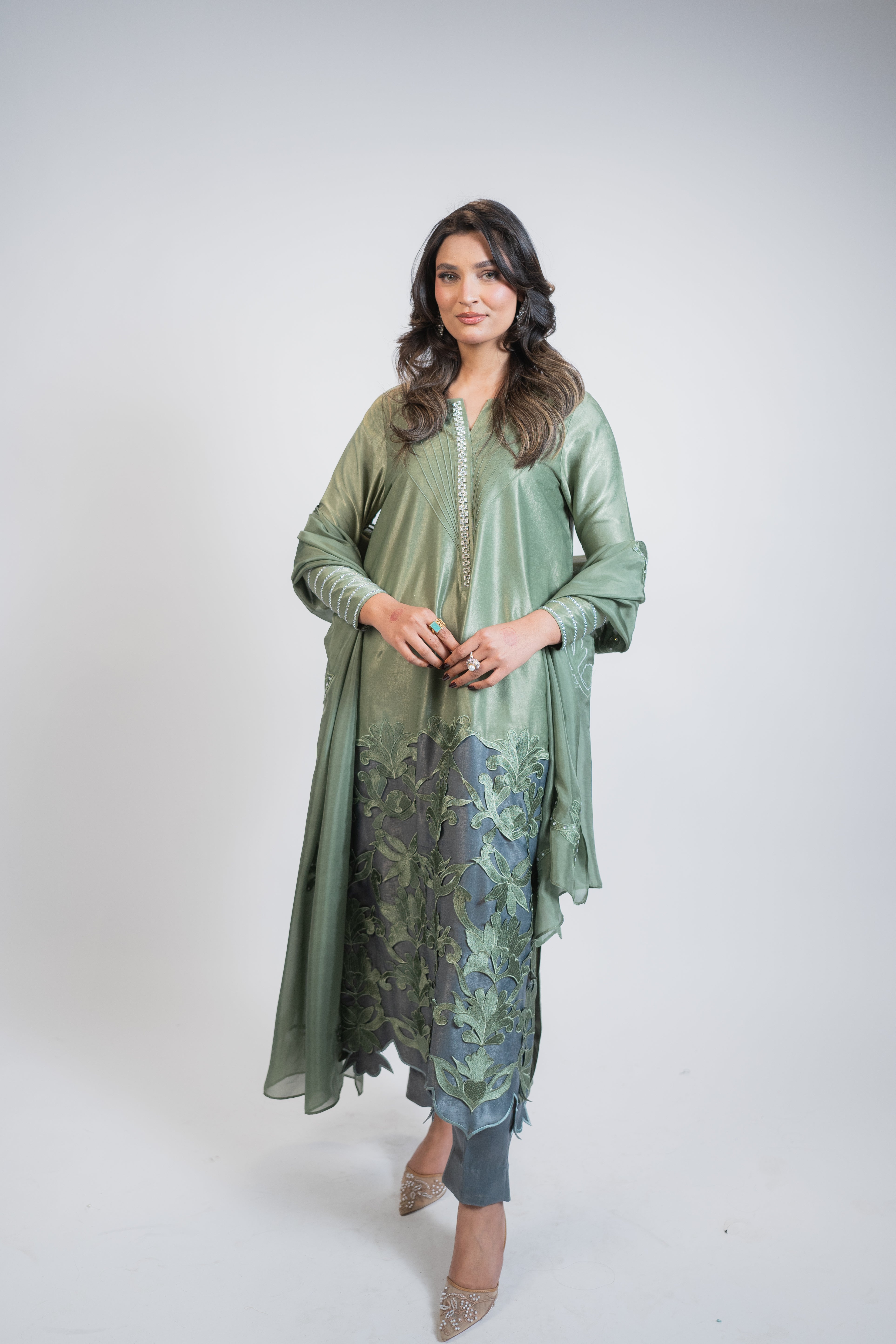 Mint Green & Grey 3PC Dress with Silver Work, Cutwork Ghaira & Embellished Dupatta