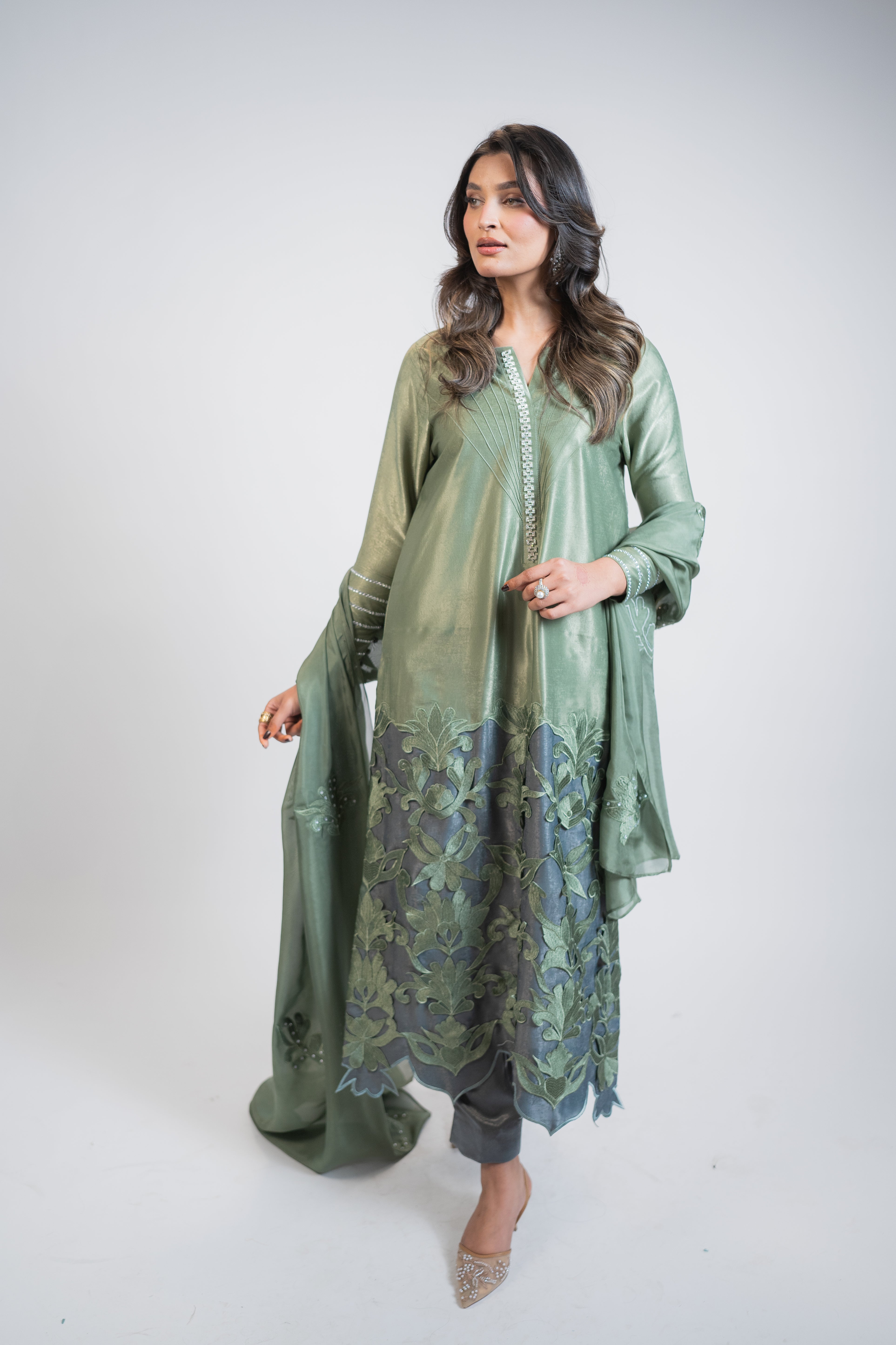 Mint Green & Grey 3PC Dress with Silver Work, Cutwork Ghaira & Embellished Dupatta