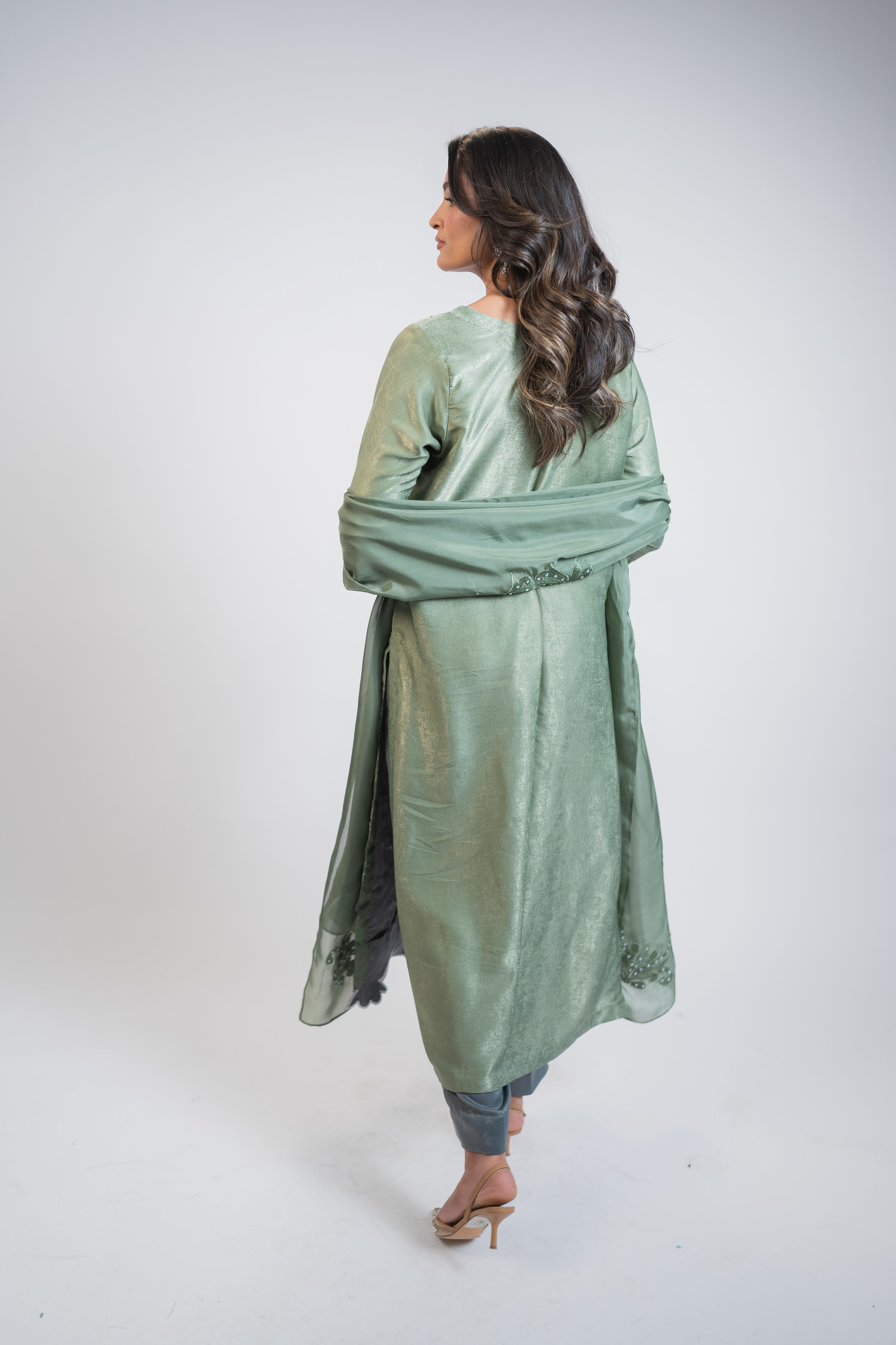 Mint Green & Grey 3PC Dress with Silver Work, Cutwork Ghaira & Embellished Dupatta