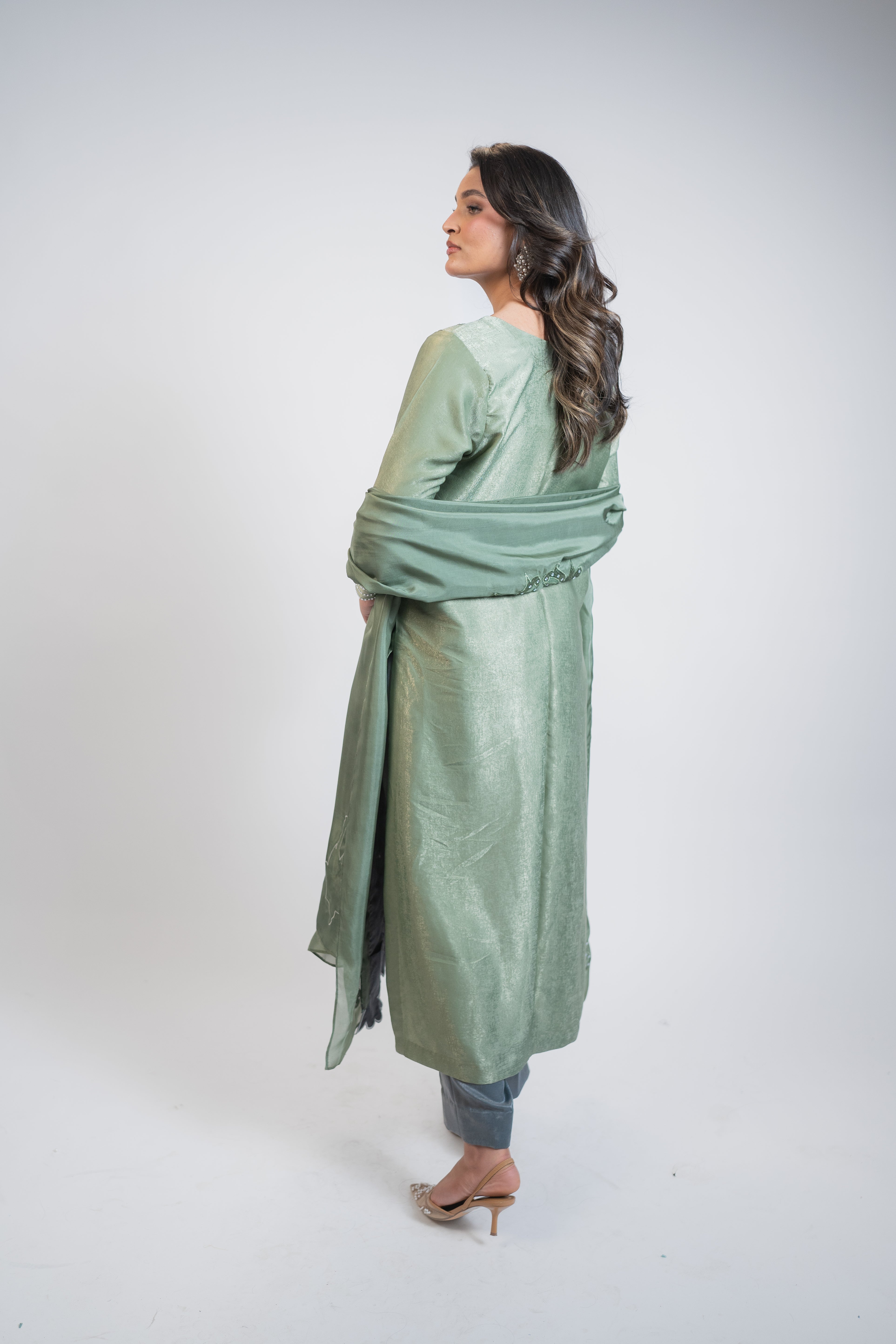 Mint Green & Grey 3PC Dress with Silver Work, Cutwork Ghaira & Embellished Dupatta