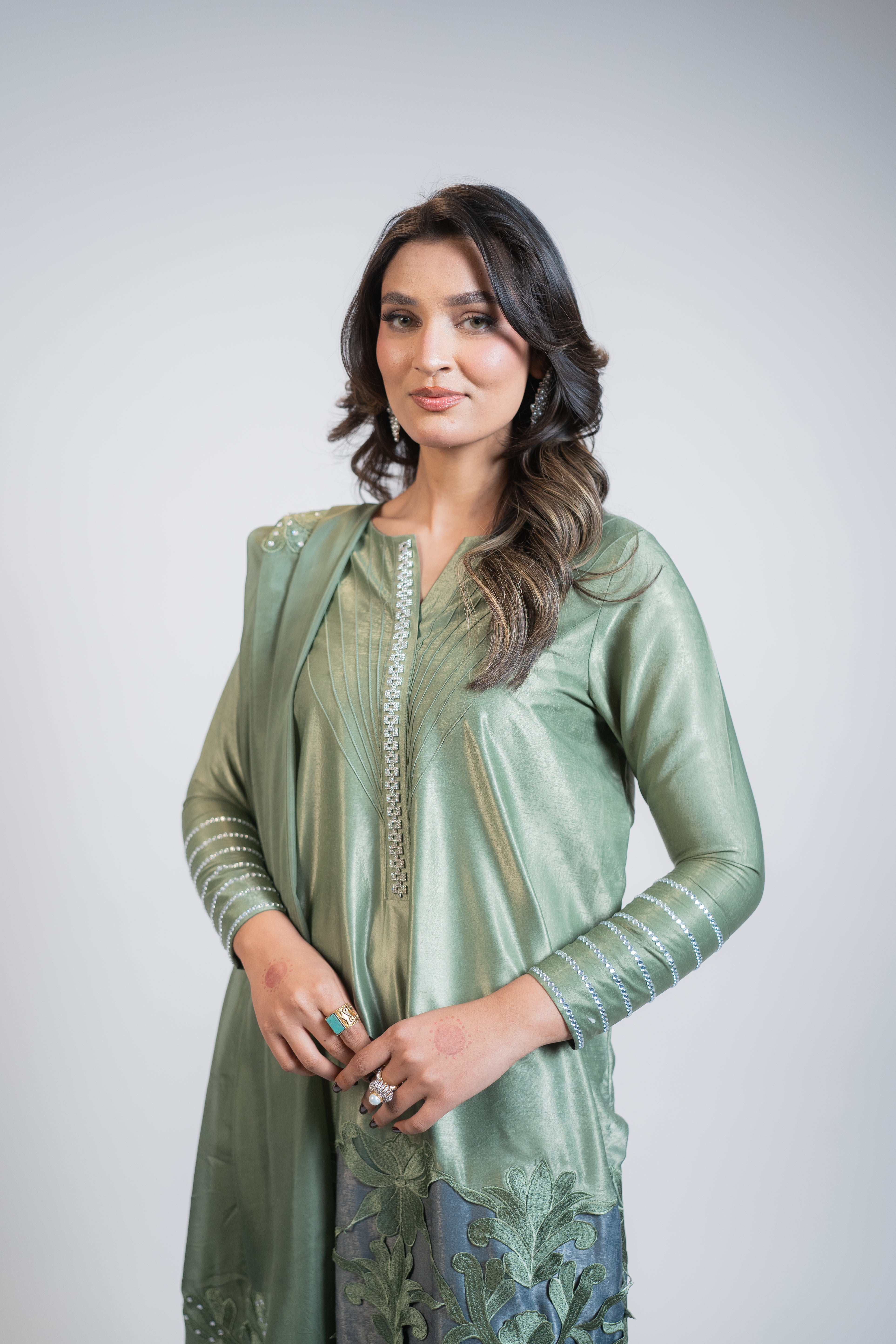 Mint Green & Grey 3PC Dress with Silver Work, Cutwork Ghaira & Embellished Dupatta