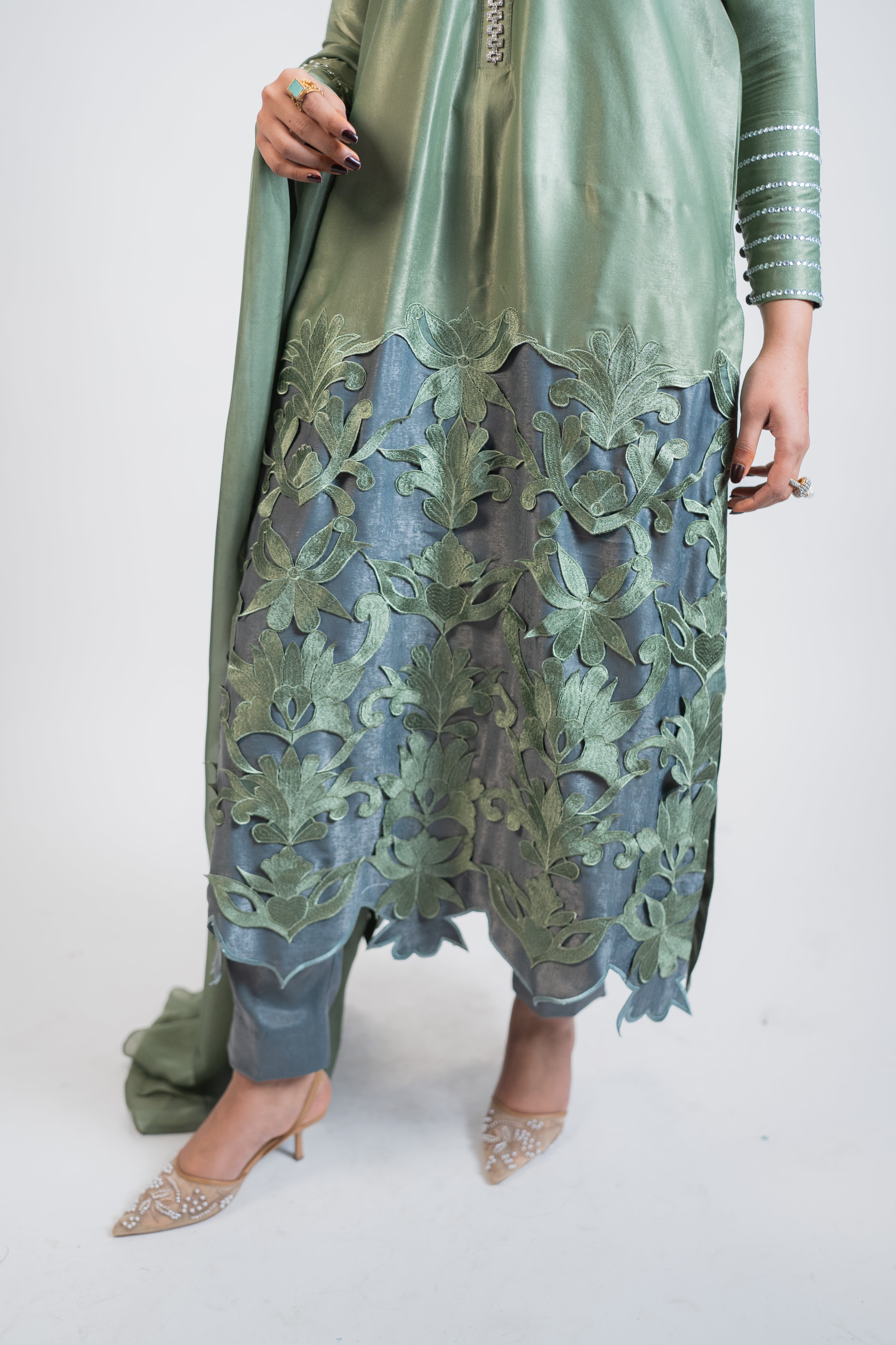Mint Green & Grey 3PC Dress with Silver Work, Cutwork Ghaira & Embellished Dupatta