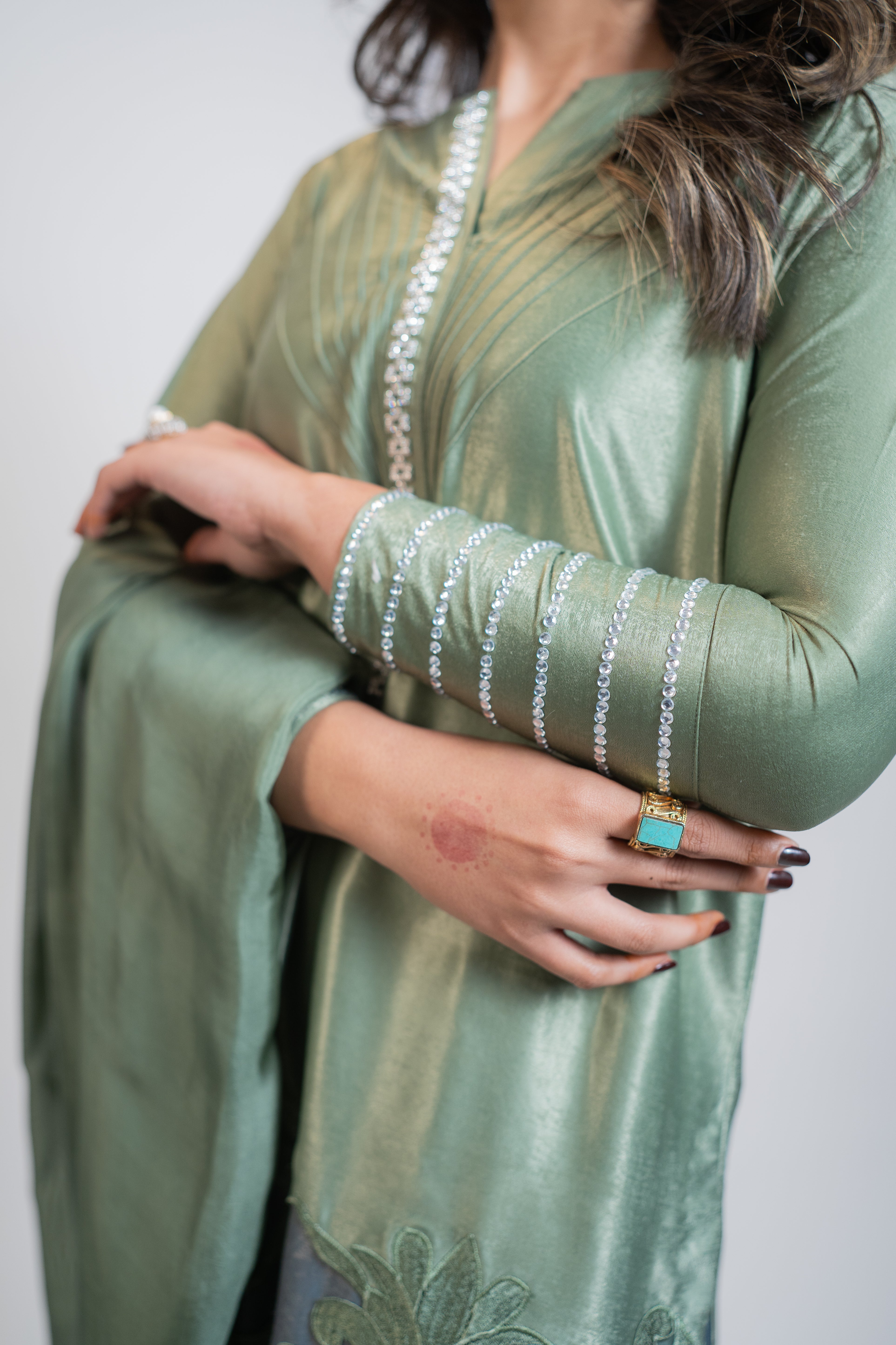 Mint Green & Grey 3PC Dress with Silver Work, Cutwork Ghaira & Embellished Dupatta